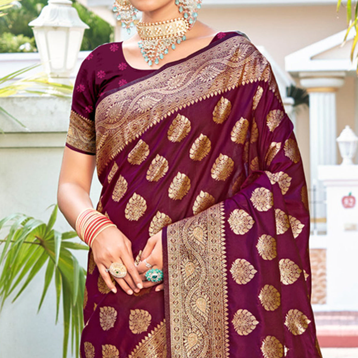Purple Floral Woven Banarasi Silk Saree