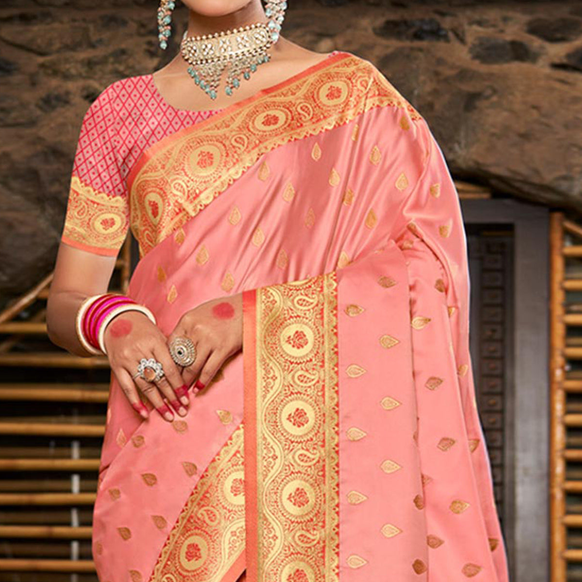 Peach Woven Satin Silk Saree With Tassels