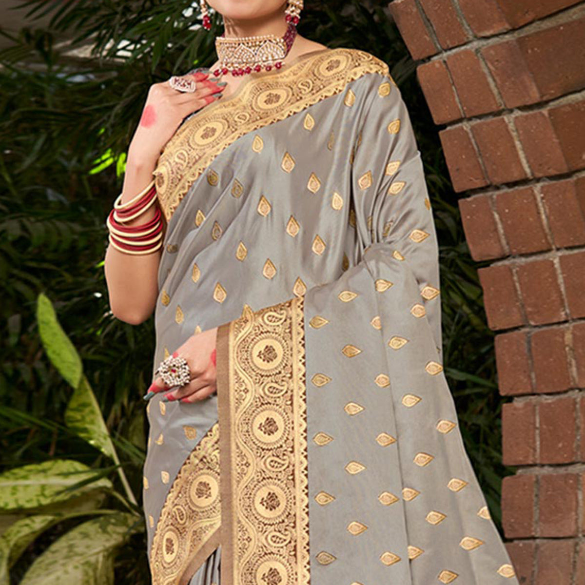 Grey Woven Satin Silk Saree With Tassels