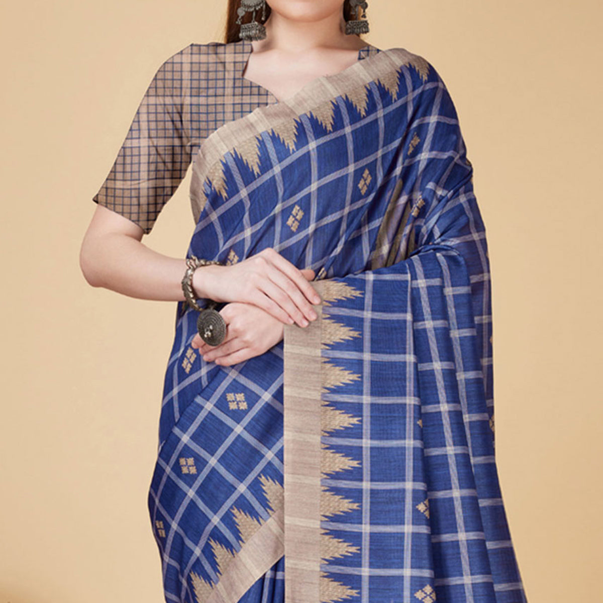 Blue Digital Printed Cotton Silk Saree With Tassels