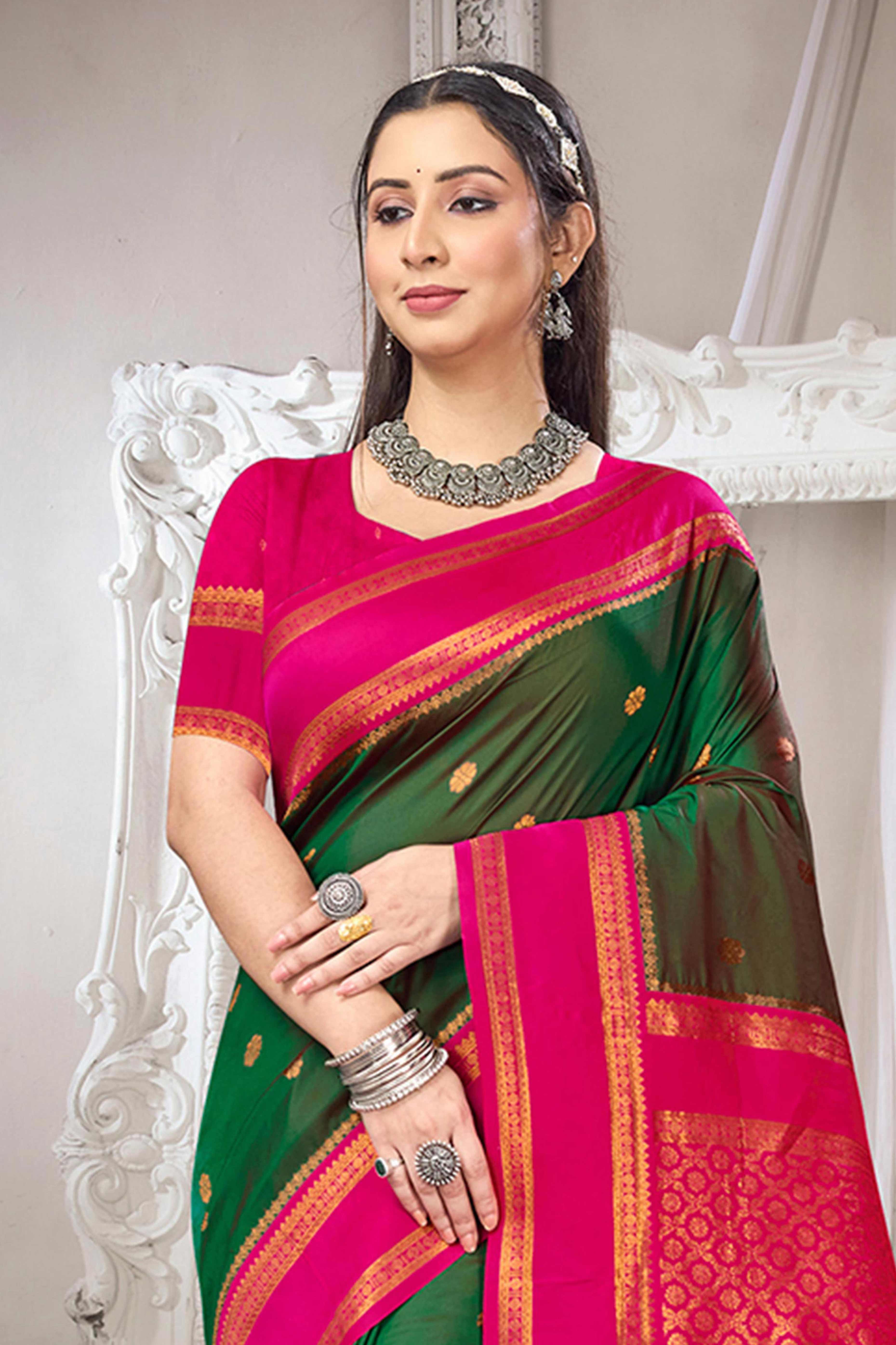 Classic Dark Green Floral Motif Weaving Silk Blend Saree With Tassel Pallu