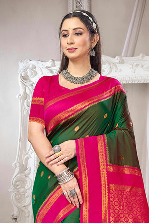 Classic Dark Green Floral Motif Weaving Silk Blend Saree With Tassel Pallu