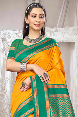 Classic Mustard Floral Motif Weaving Silk Blend Saree With Tassel Pallu