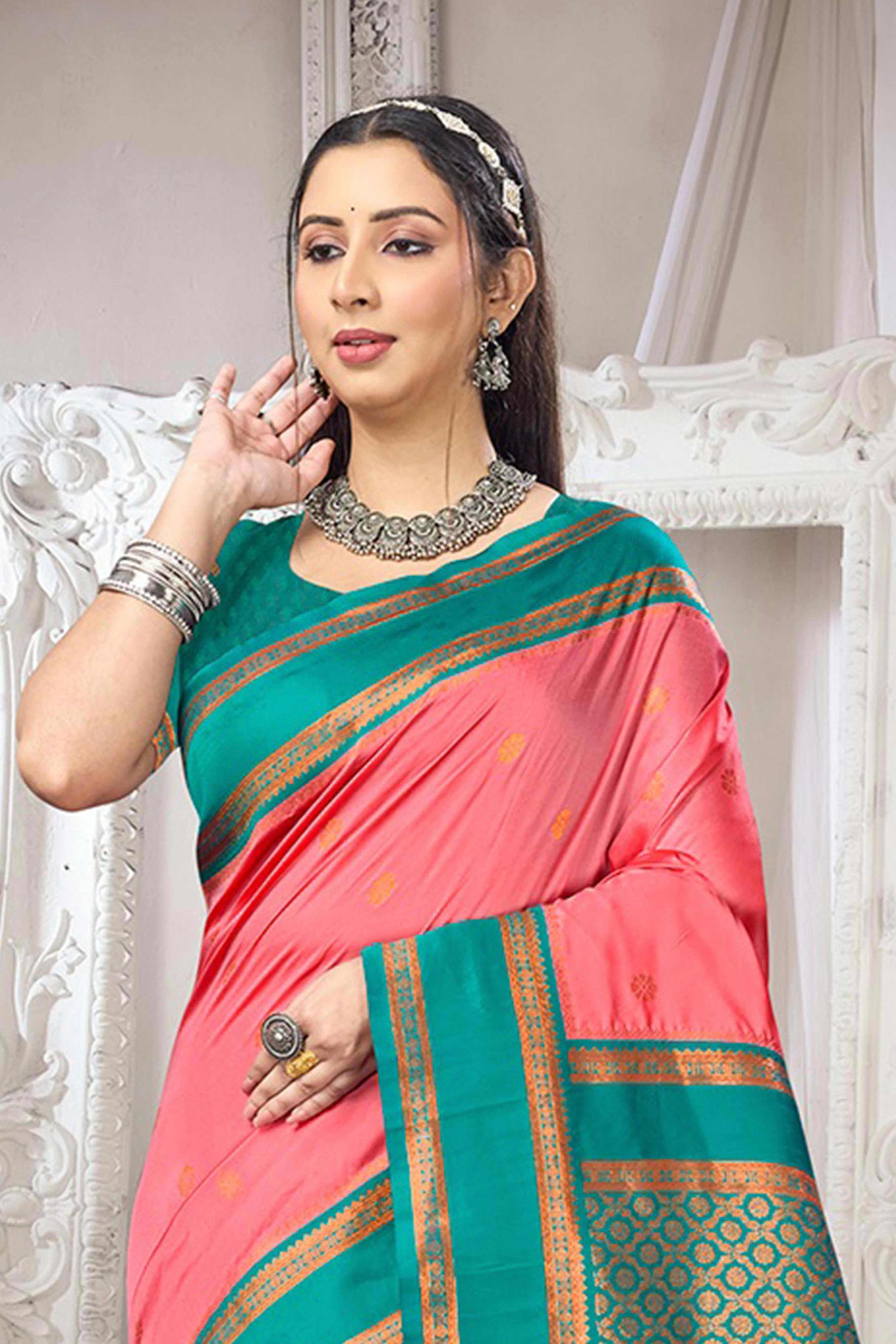 Classic Dark Peach Floral Motif Weaving Silk Blend Saree With Tassel Pallu