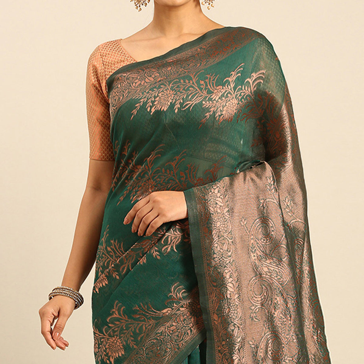 Rama Green Floral Woven Cotton Silk Saree