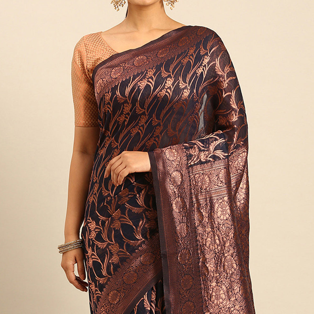 Navy Blue Floral Woven Cotton Silk Saree