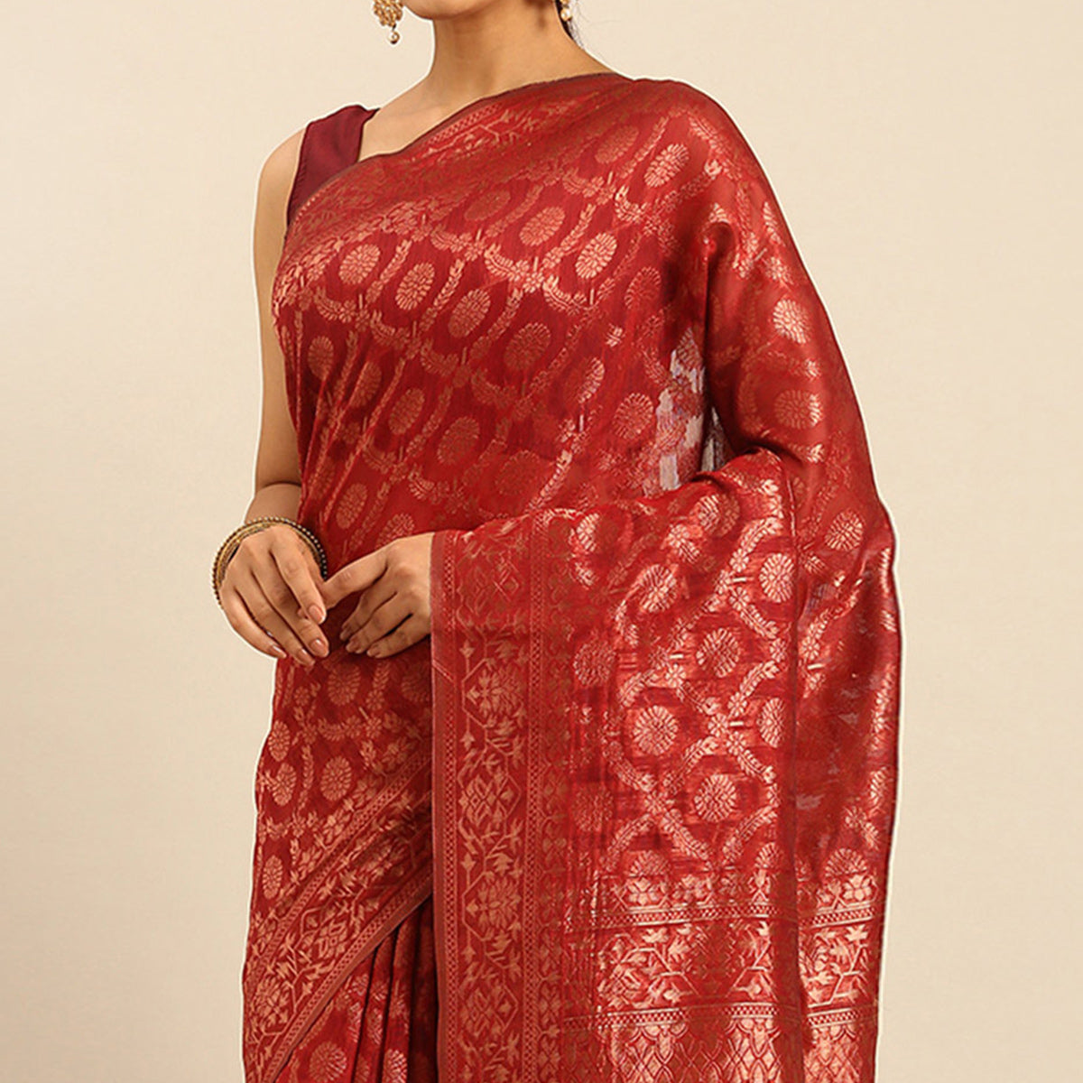 Red Floral Woven Cotton Silk Saree