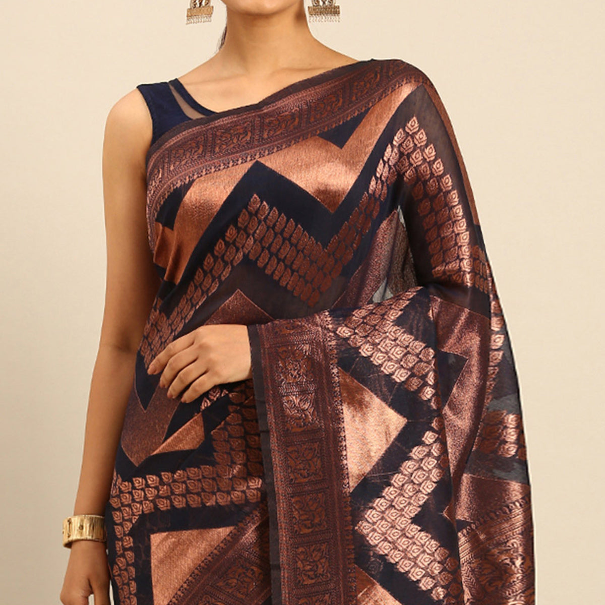 Navy Blue Floral Woven Cotton Silk Saree