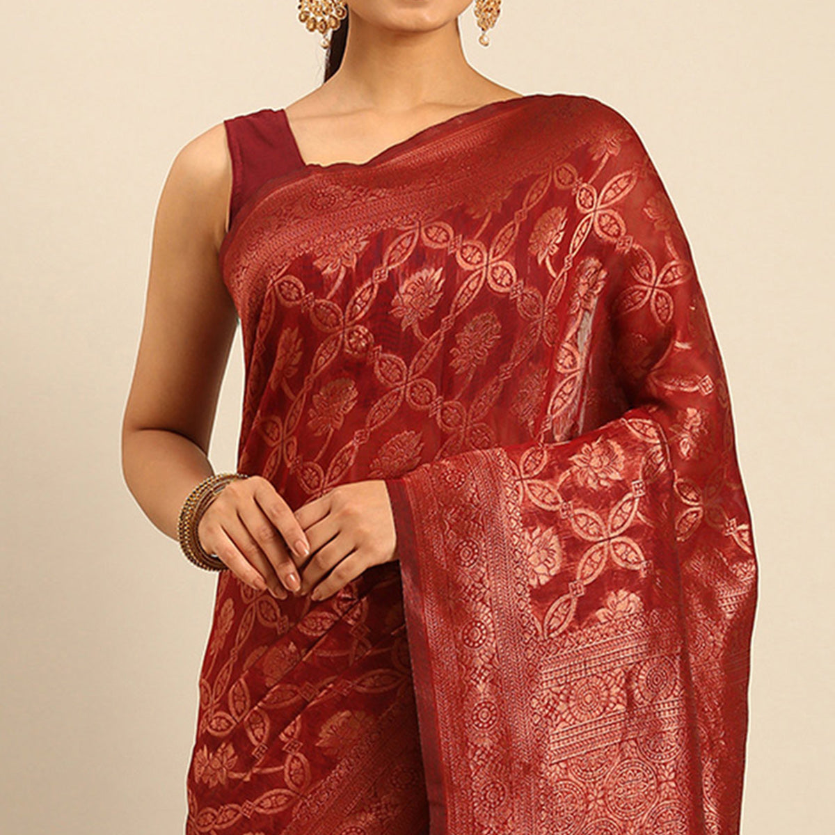 Maroon Floral Woven Cotton Silk Saree