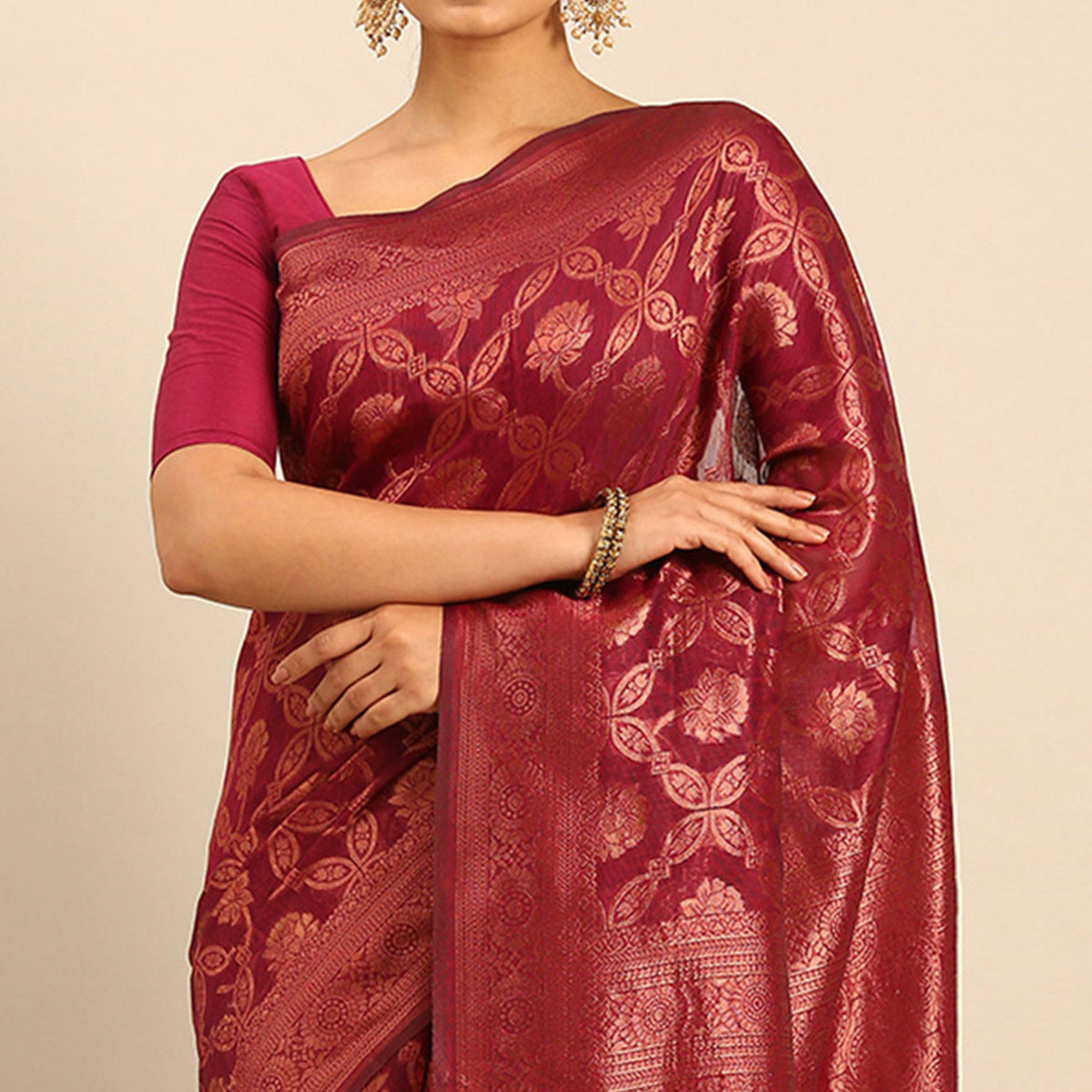 Magenta Floral Woven Cotton Silk Saree