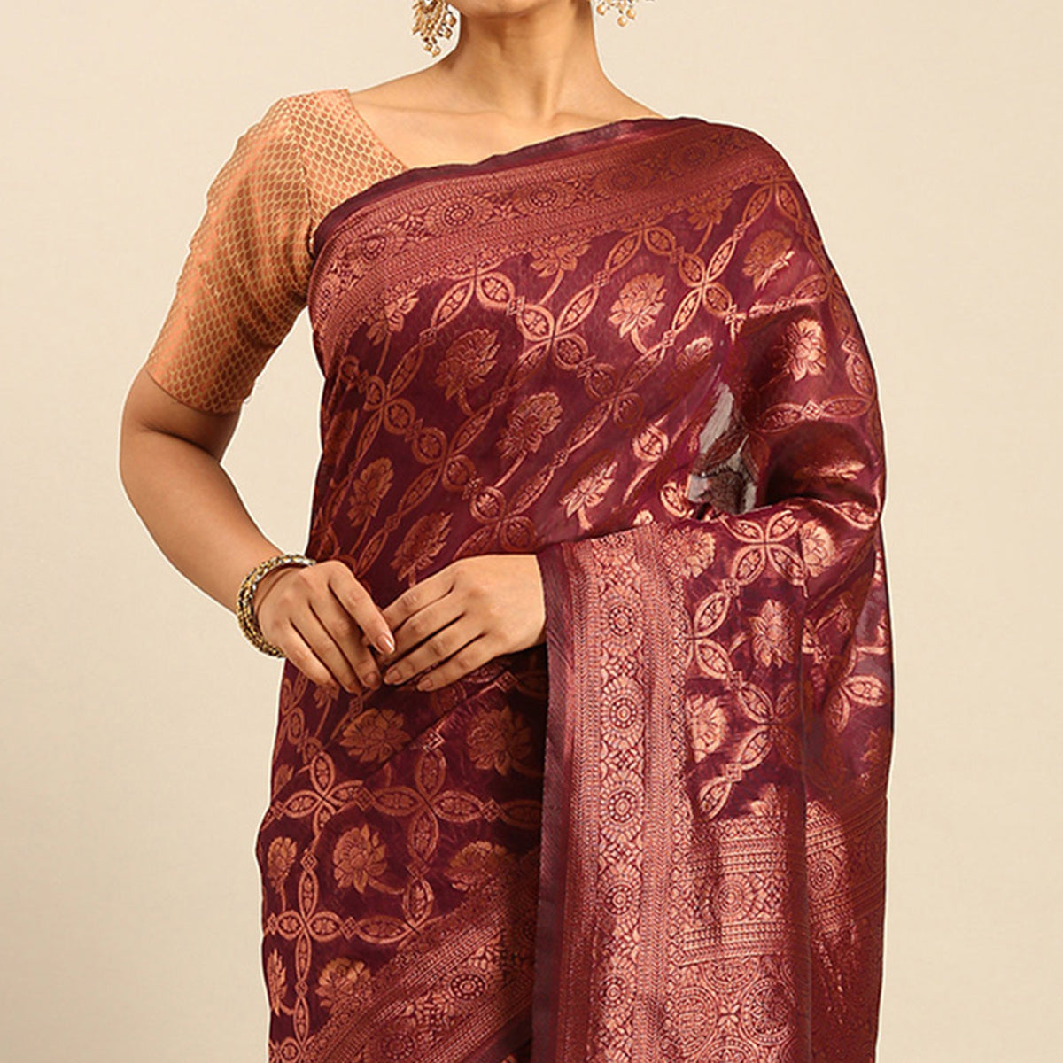 Wine Floral Woven Cotton Silk Saree