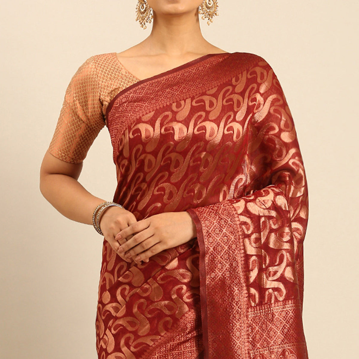 Maroon Floral Woven Cotton Silk Saree