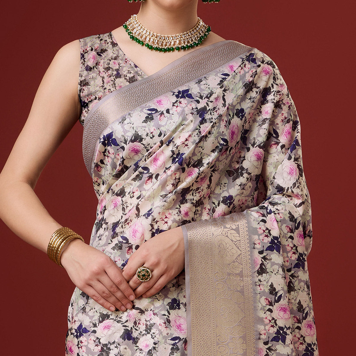 Grey Digital Printed Cotton Silk Saree With Border