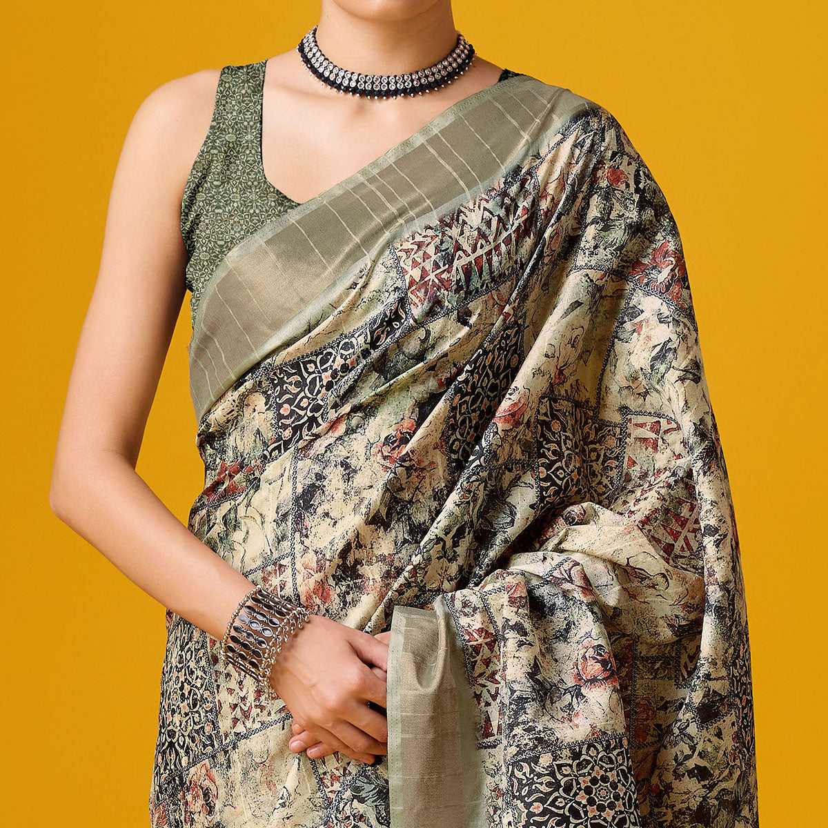 Beige Digital Printed Cotton Silk Saree With Border