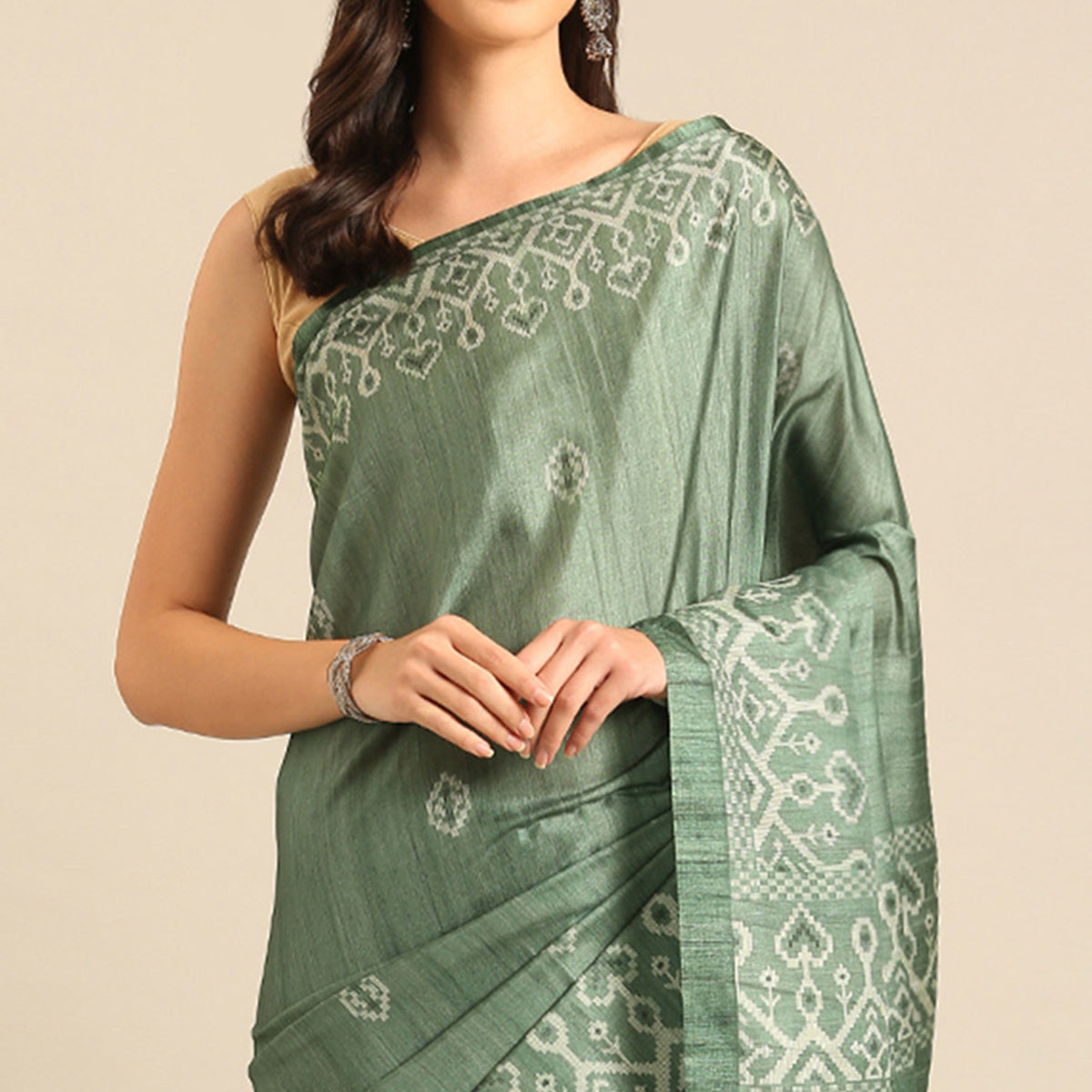 Green Digital Print Cotton Blend Saree