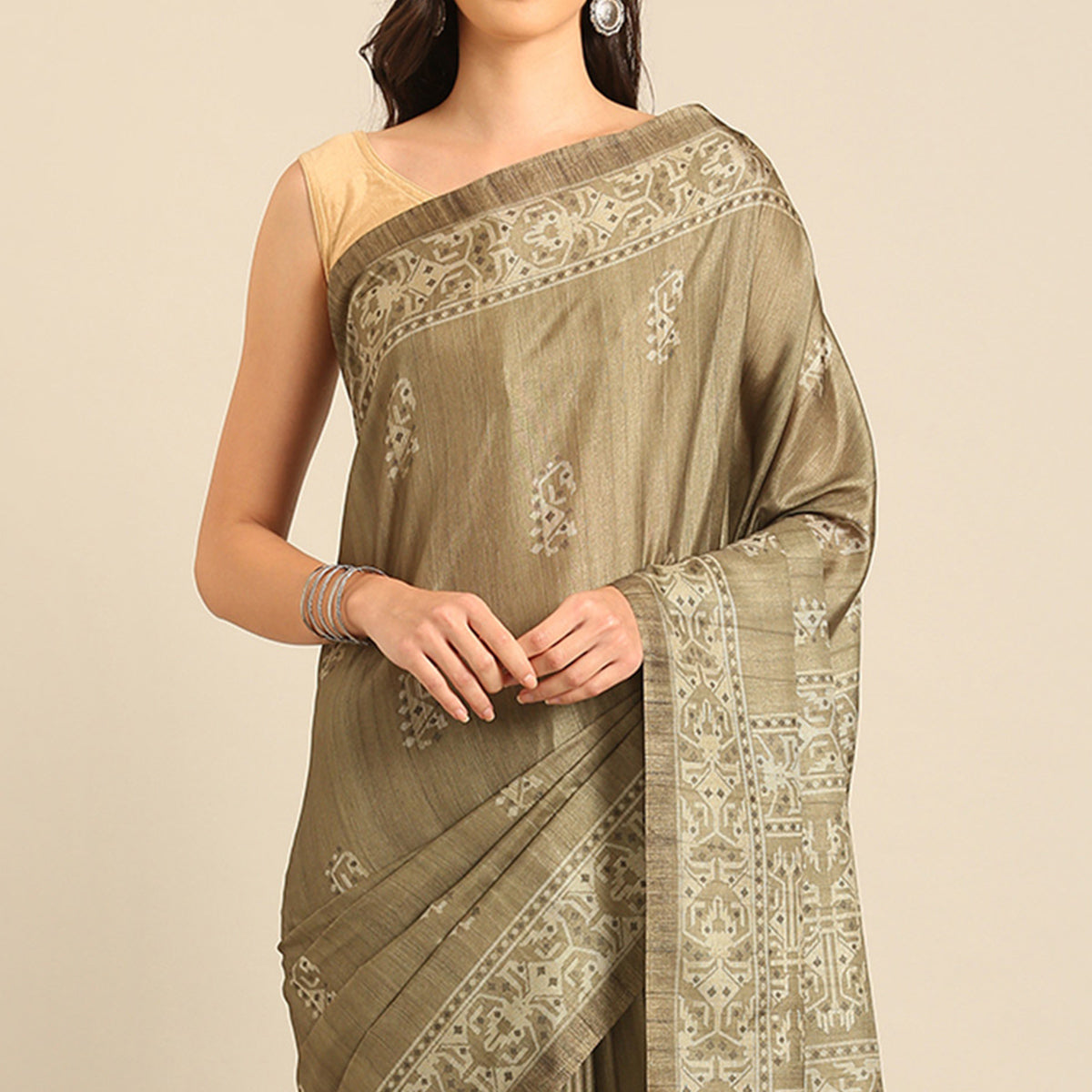 Taupe Digital Printed Cotton Blend Saree