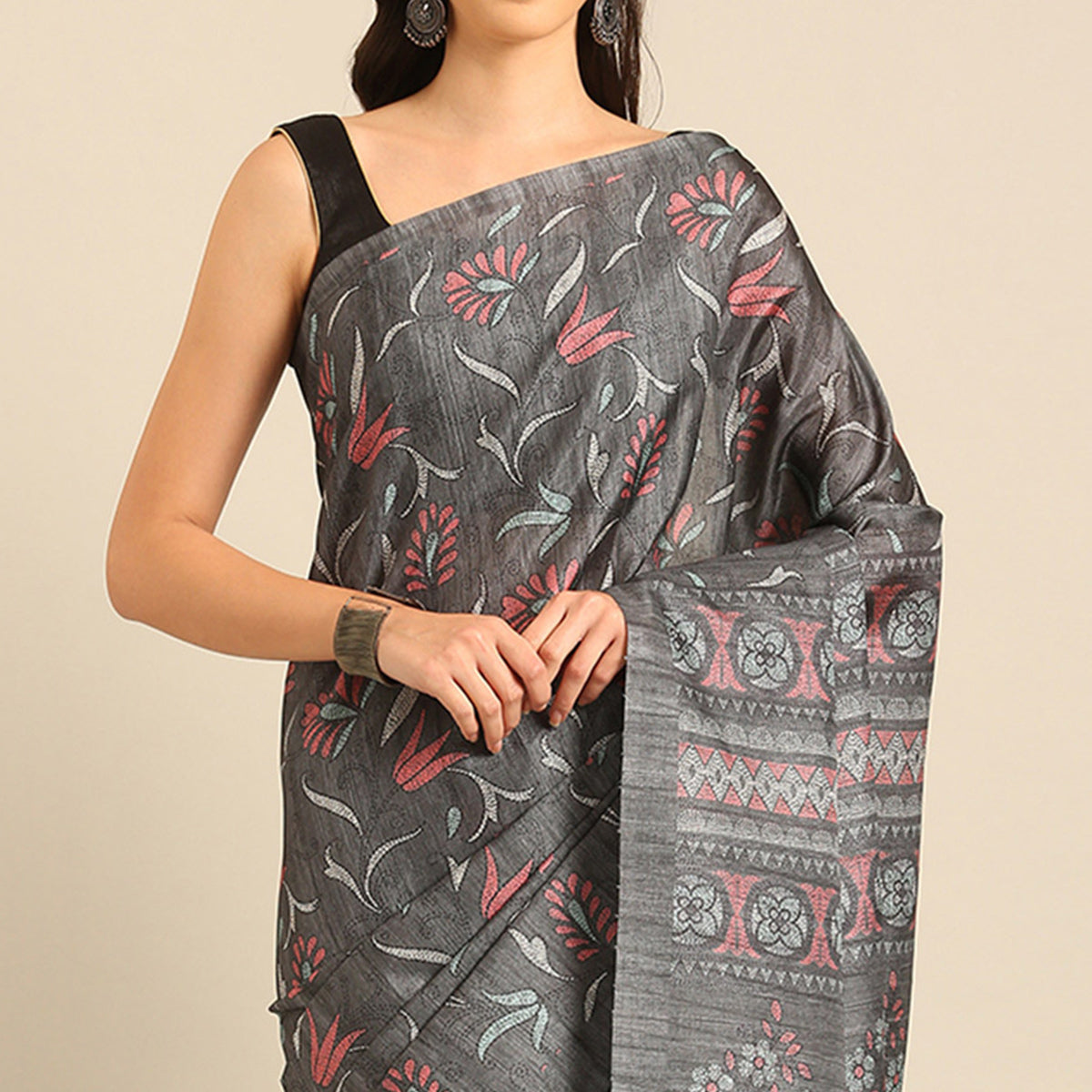 Grey Floral Digital Printed Cotton Blend Saree