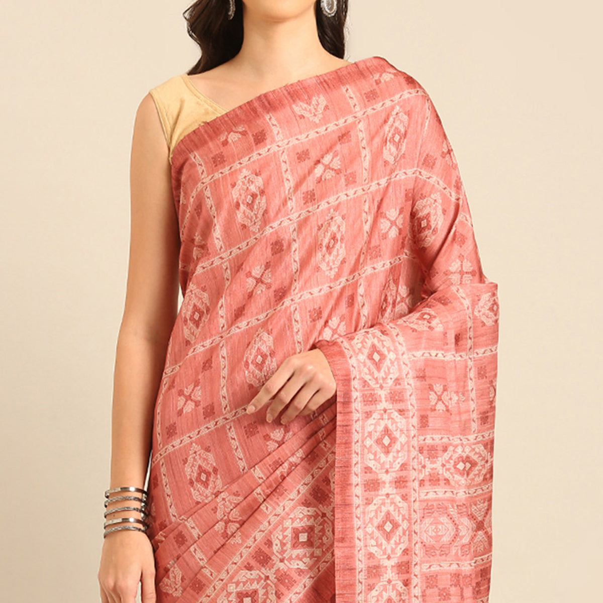 Peach Floral Digital Printed Cotton Blend Saree