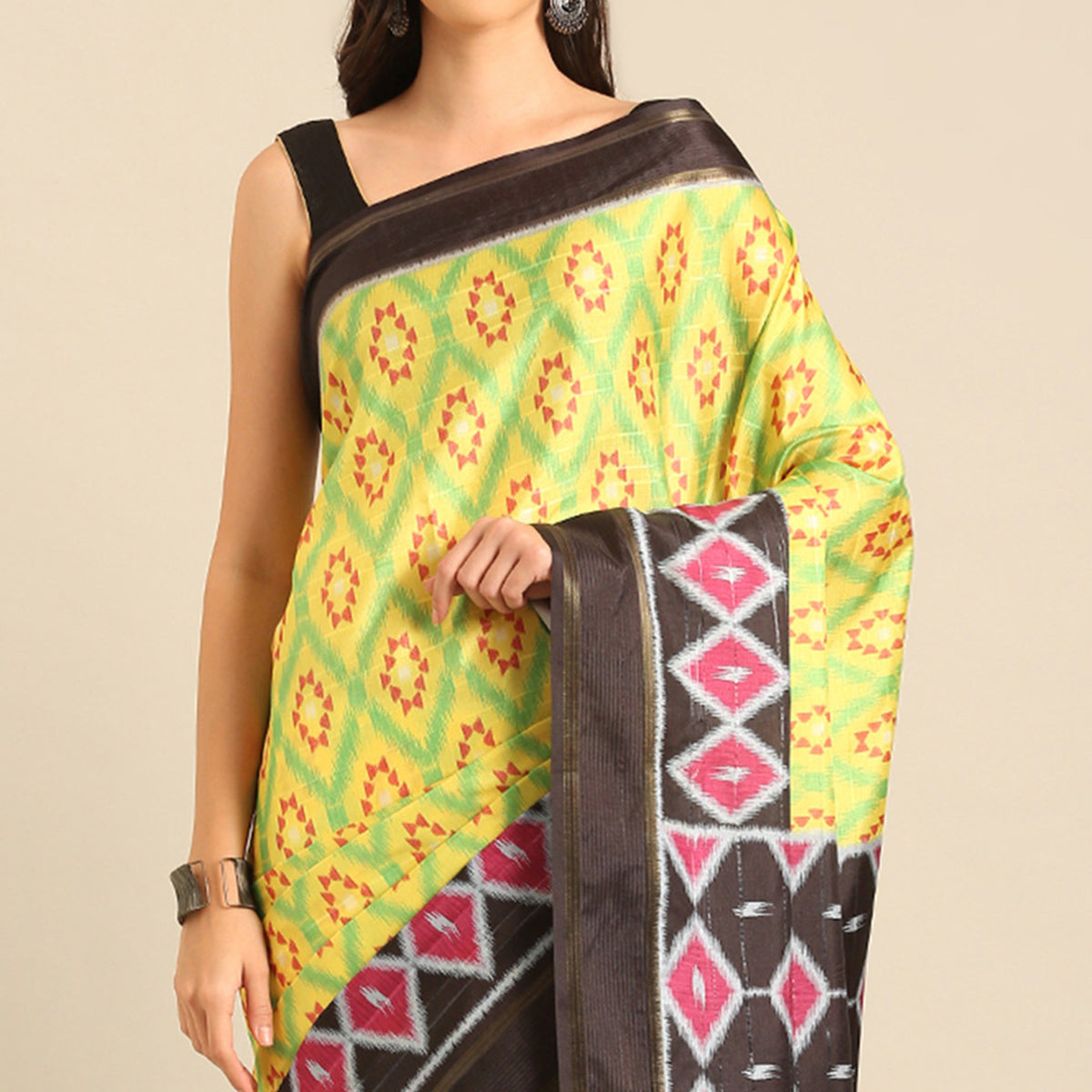 Green Digital Patola Printed Cotton Blend Saree
