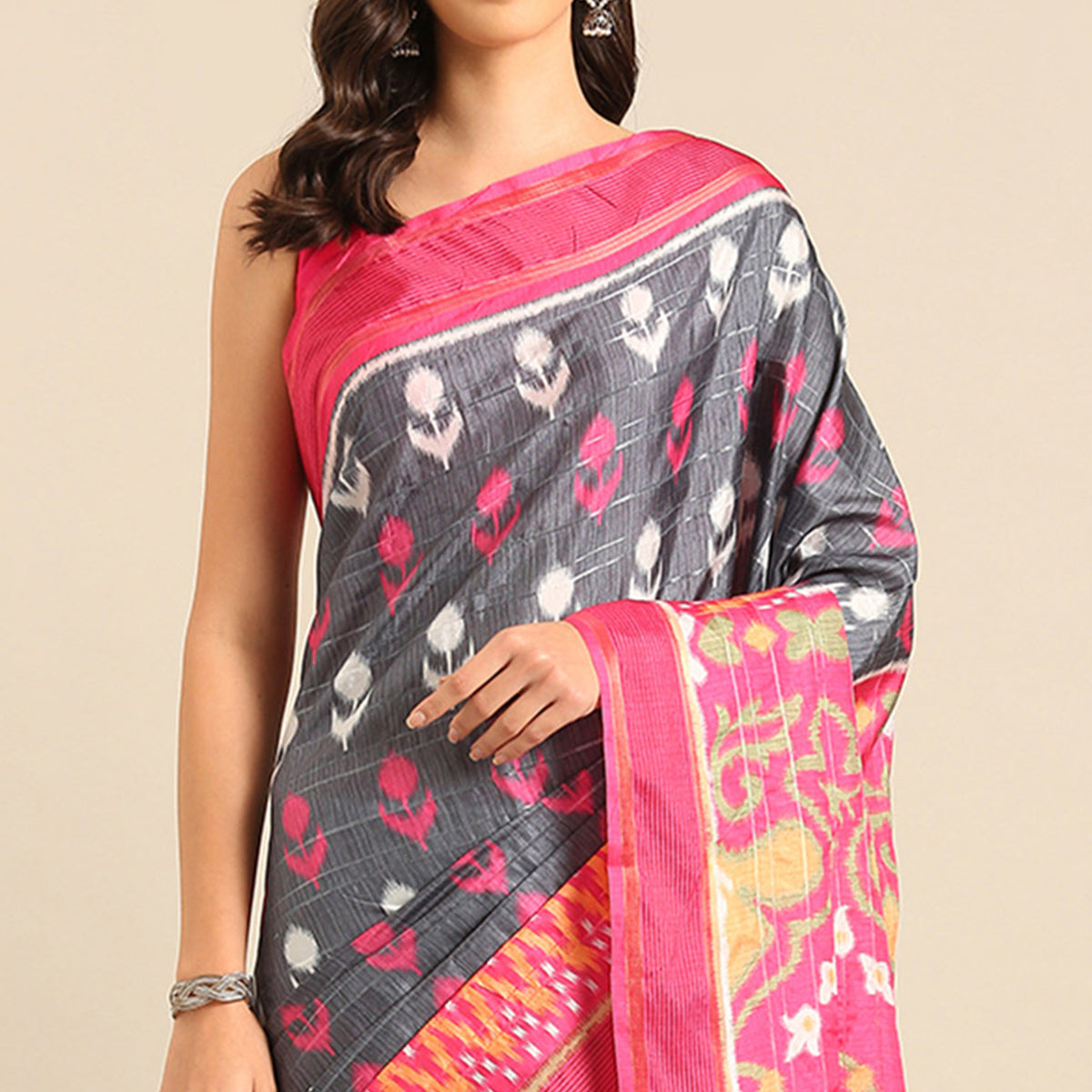 Grey Digital Patola Printed Cotton Blend Saree