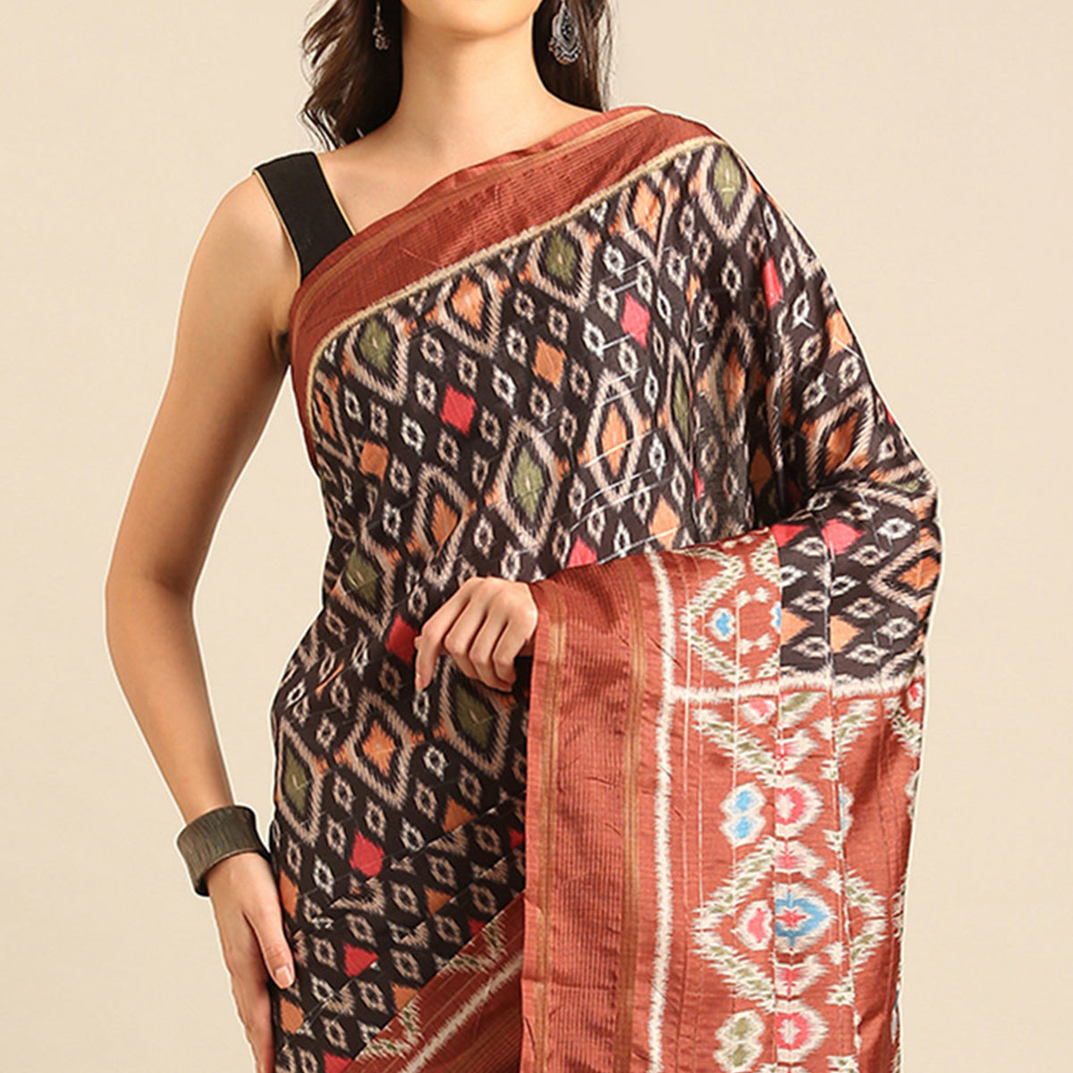 Black Digital Patola Printed Cotton Blend Saree