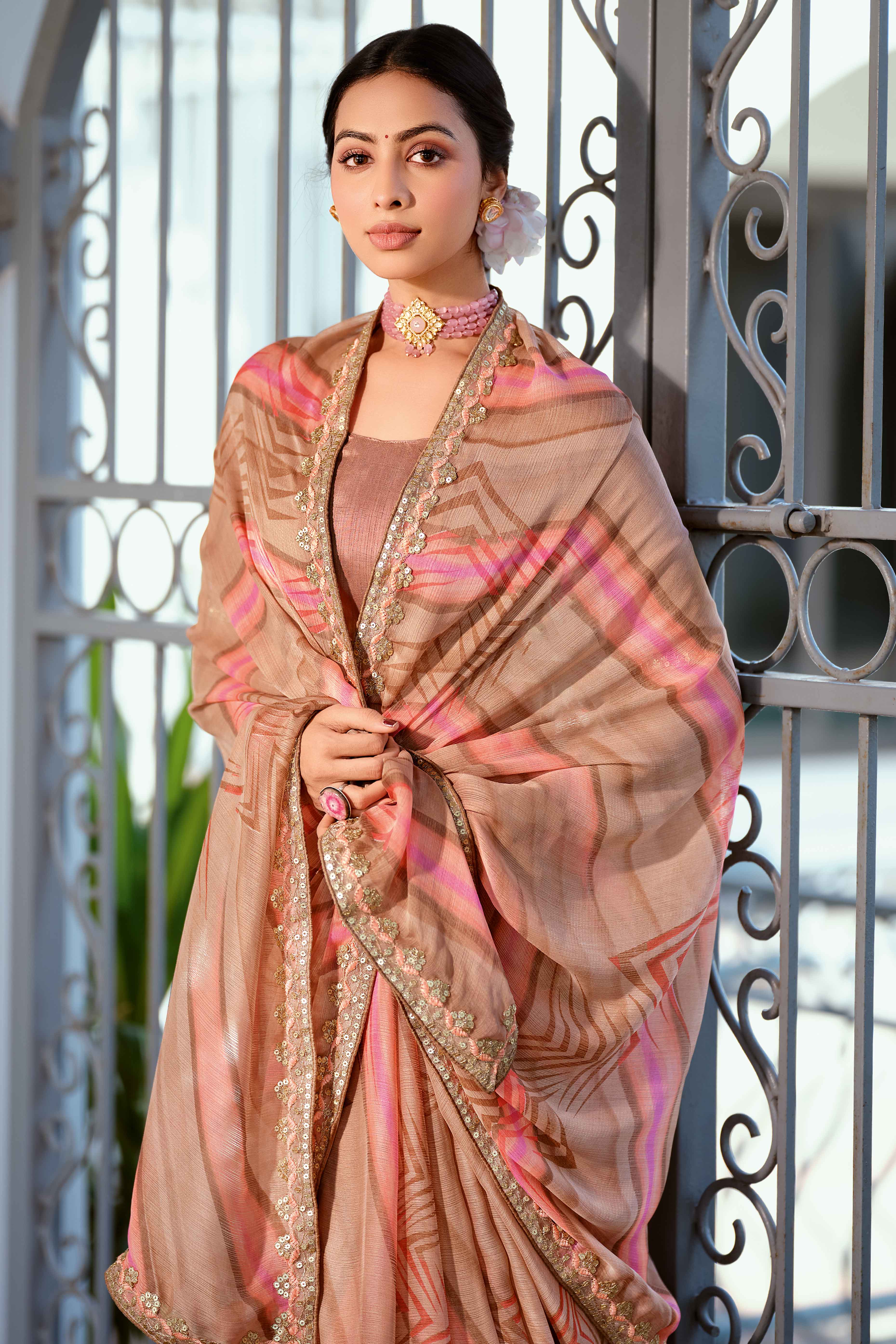 Festive Beige Georgette Saree with Dazzling Sequin Work Border