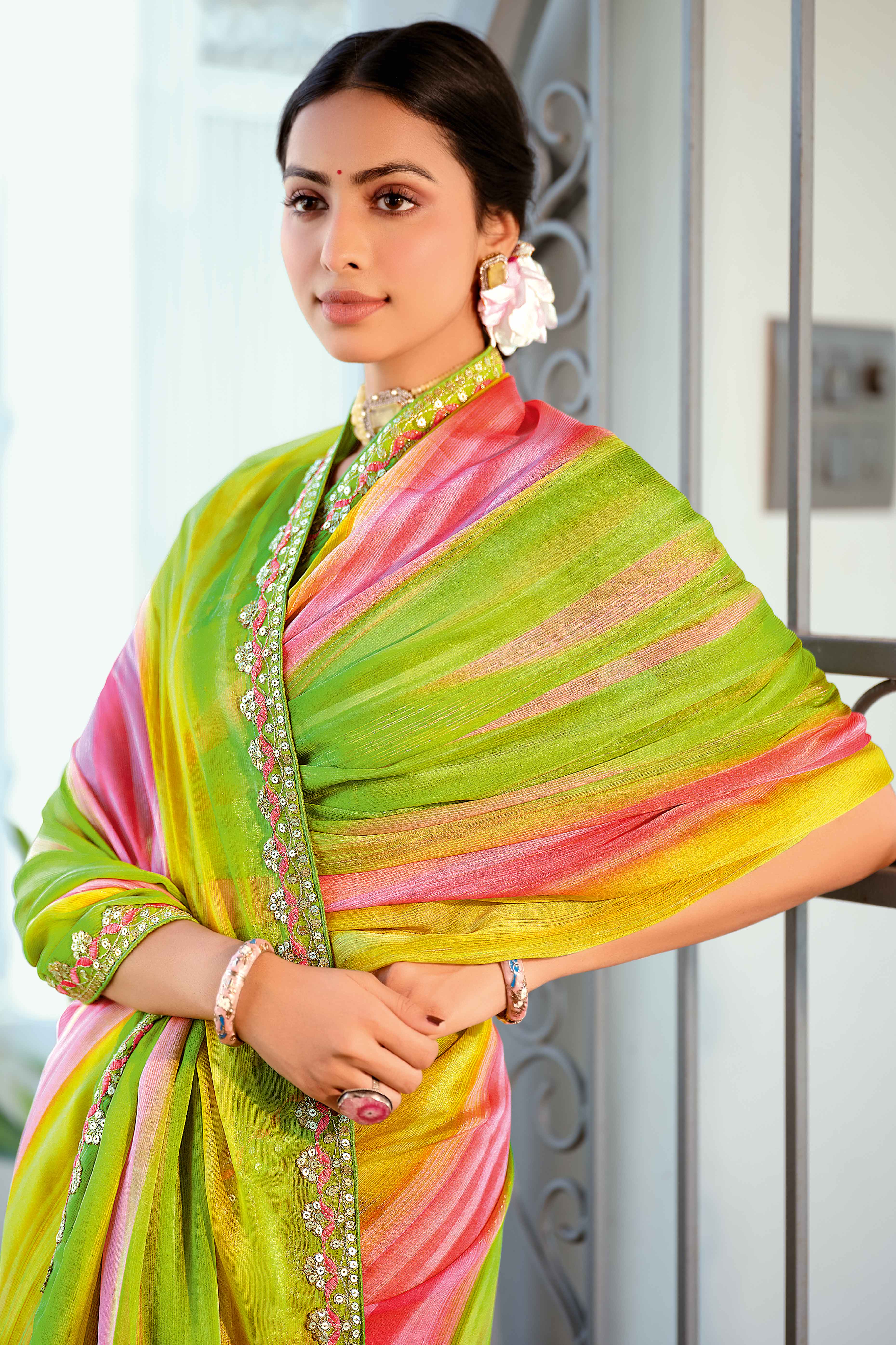 Festive Neon Green Georgette Saree with Dazzling Sequin Work Border