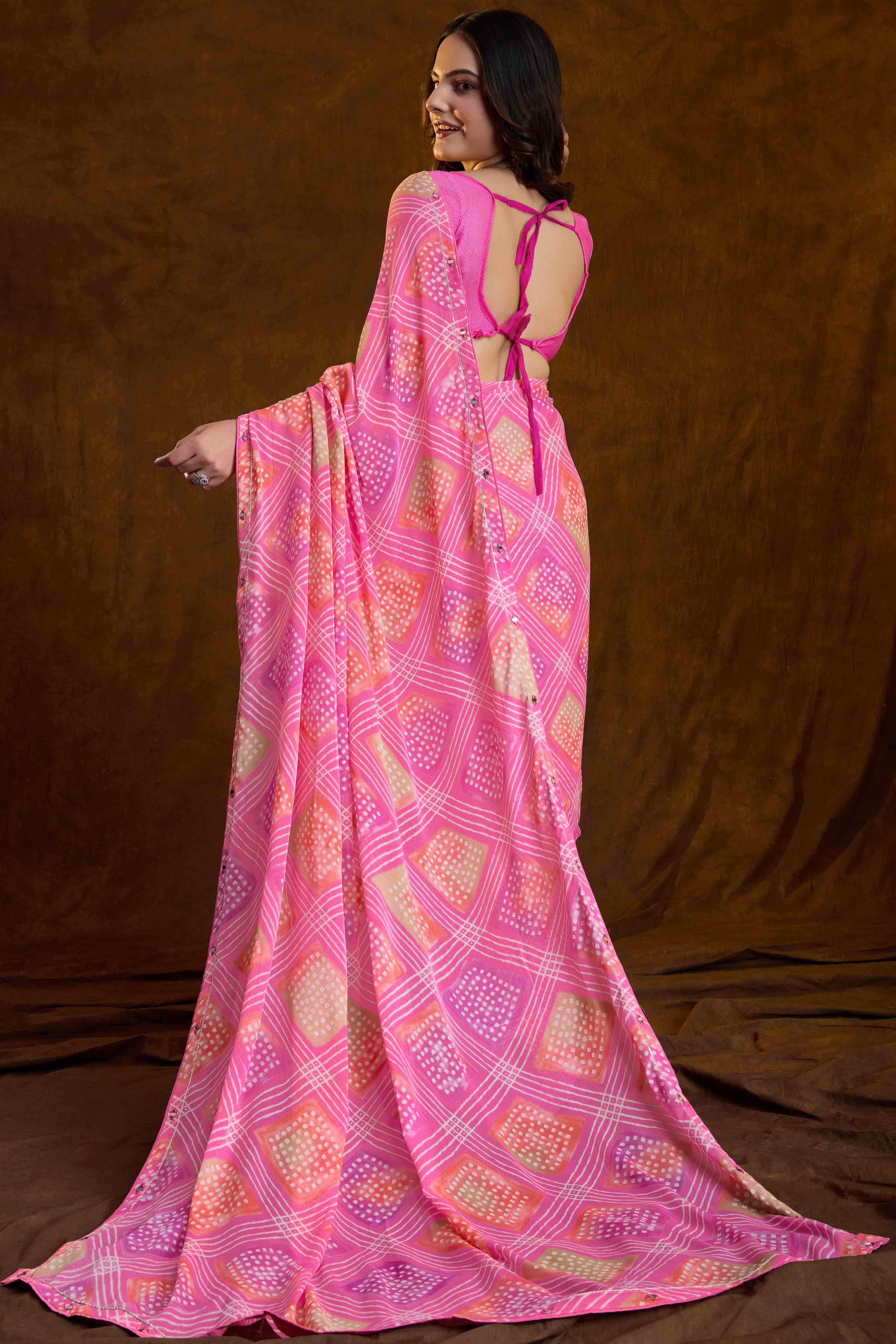 Pink Bandhani Printed Chiffon Saree With Sparkling Mirror Work Border