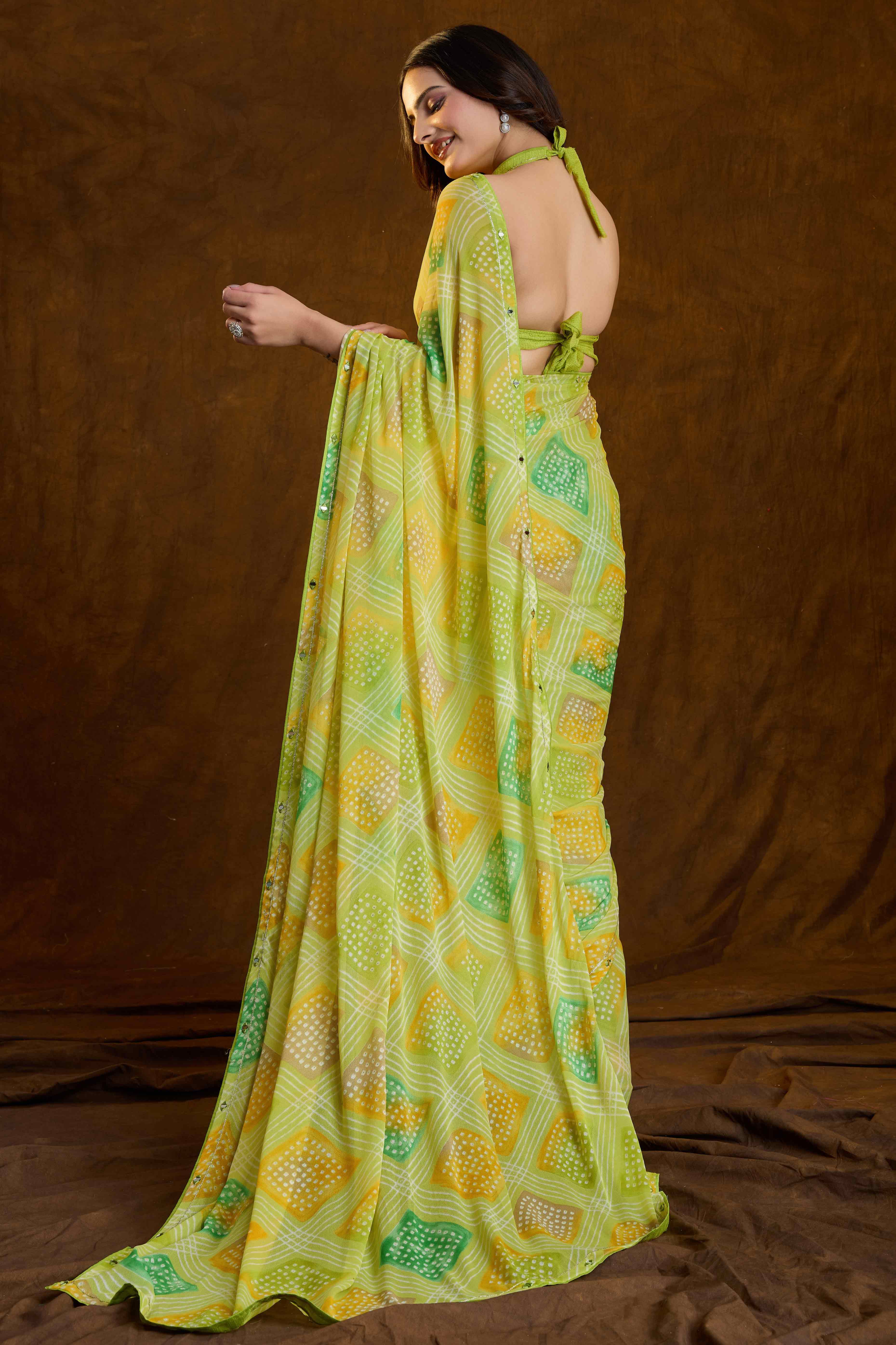 Lemon Green Bandhani Printed Chiffon Saree With Sparkling Mirror Work Border
