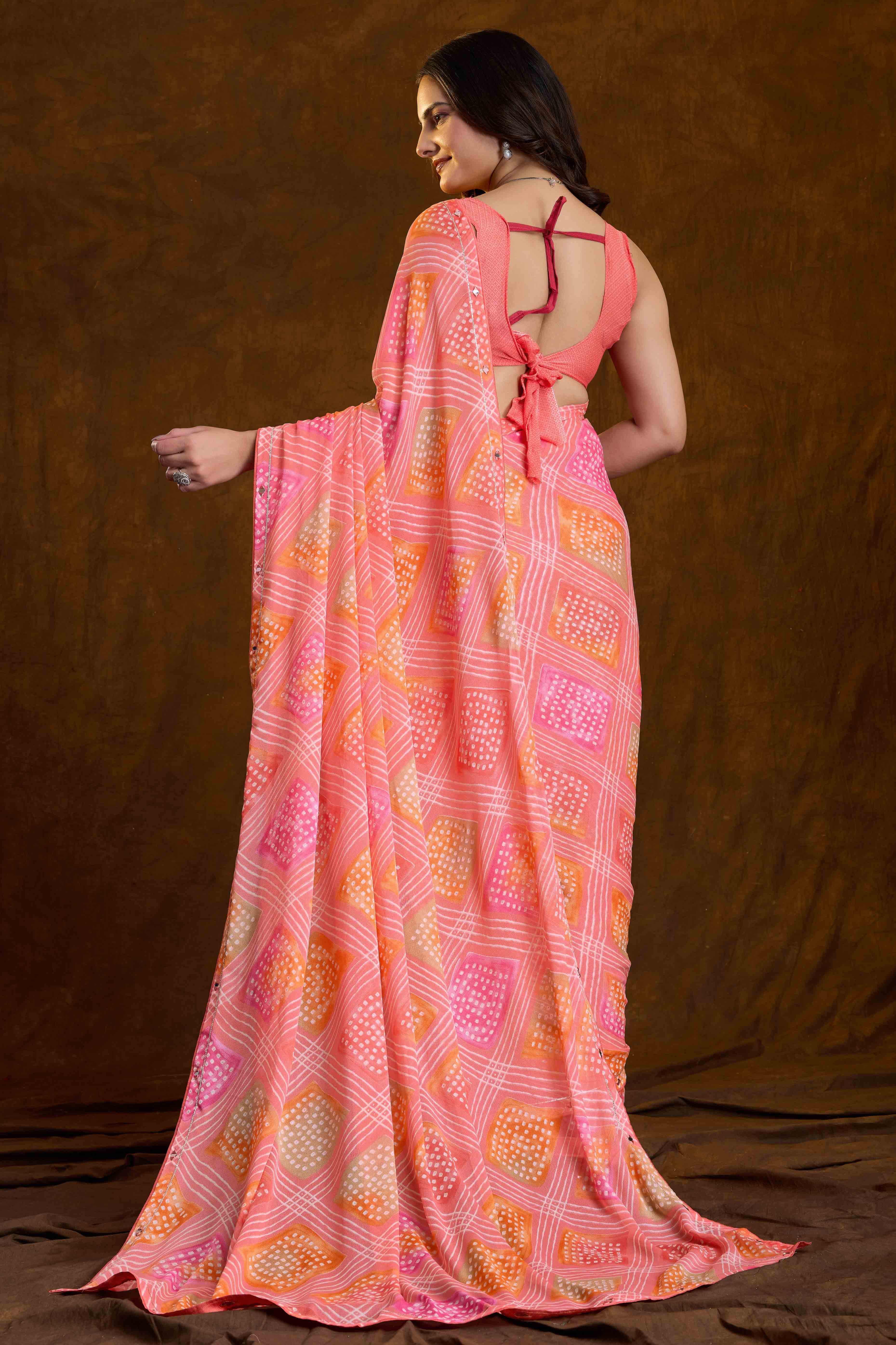 Gajari Pink Bandhani Printed Chiffon Saree With Sparkling Mirror Work Border