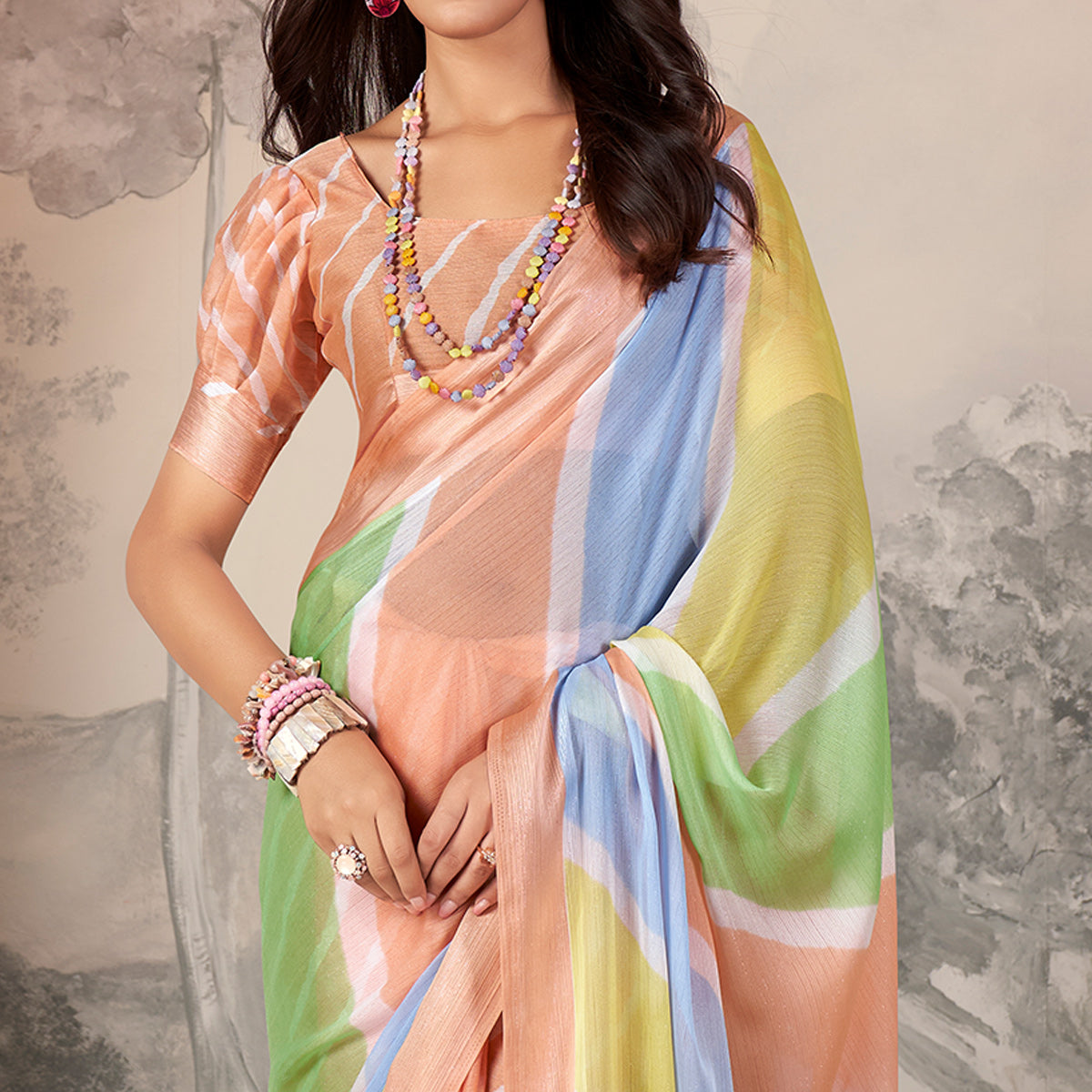 Orange Printed Chiffon Saree