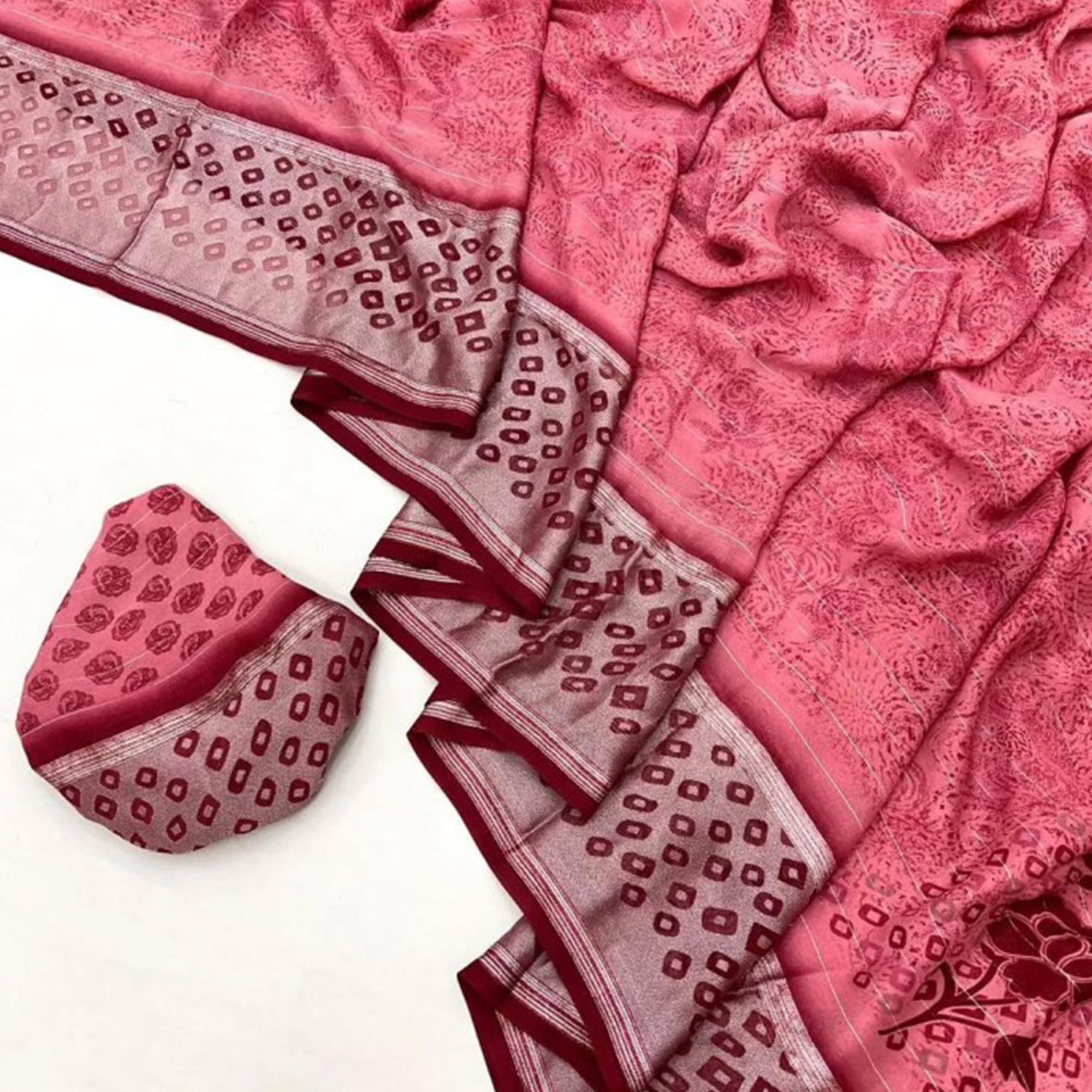 Gajri Pink Floral Printed Chiffon Saree