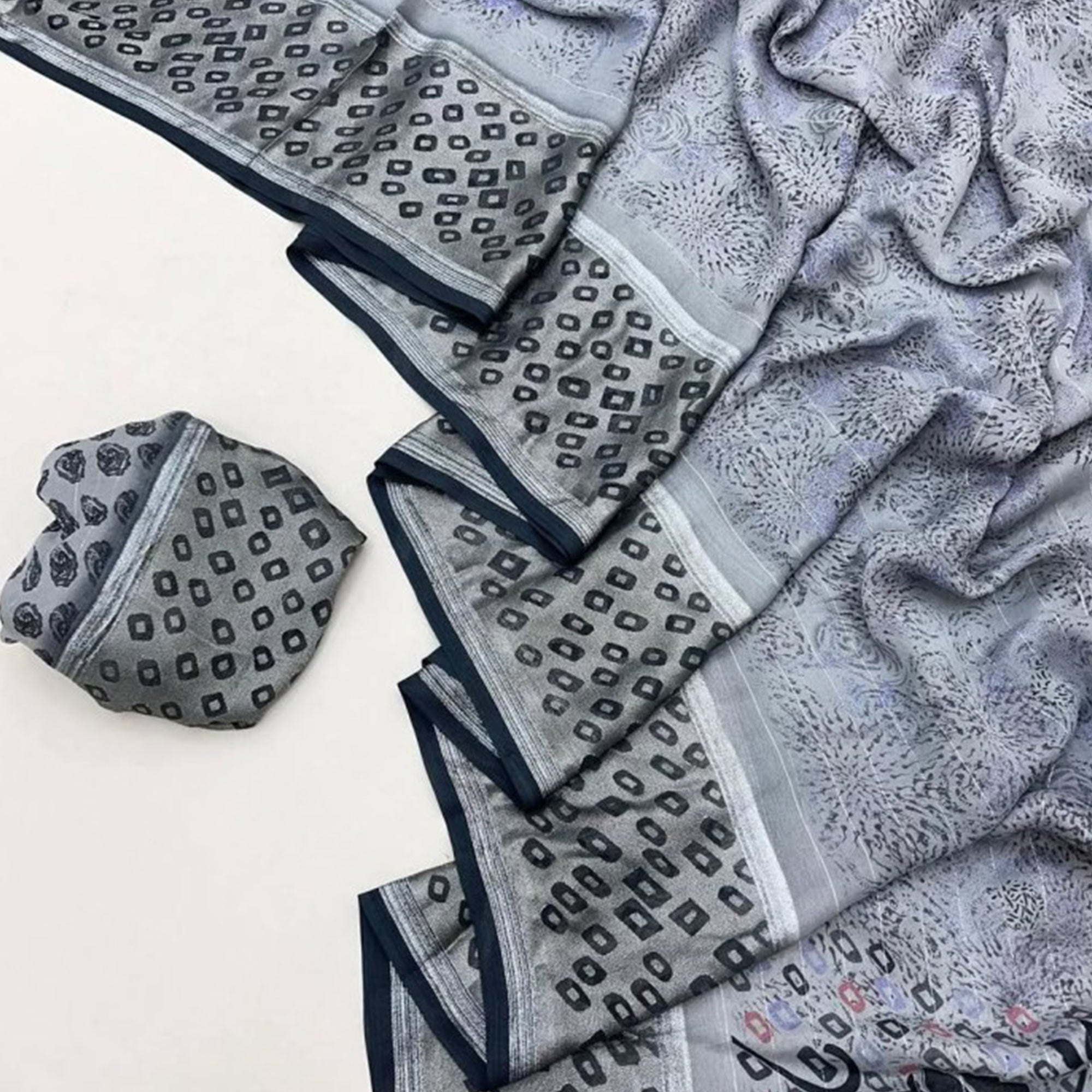 Grey Floral Printed Chiffon Saree