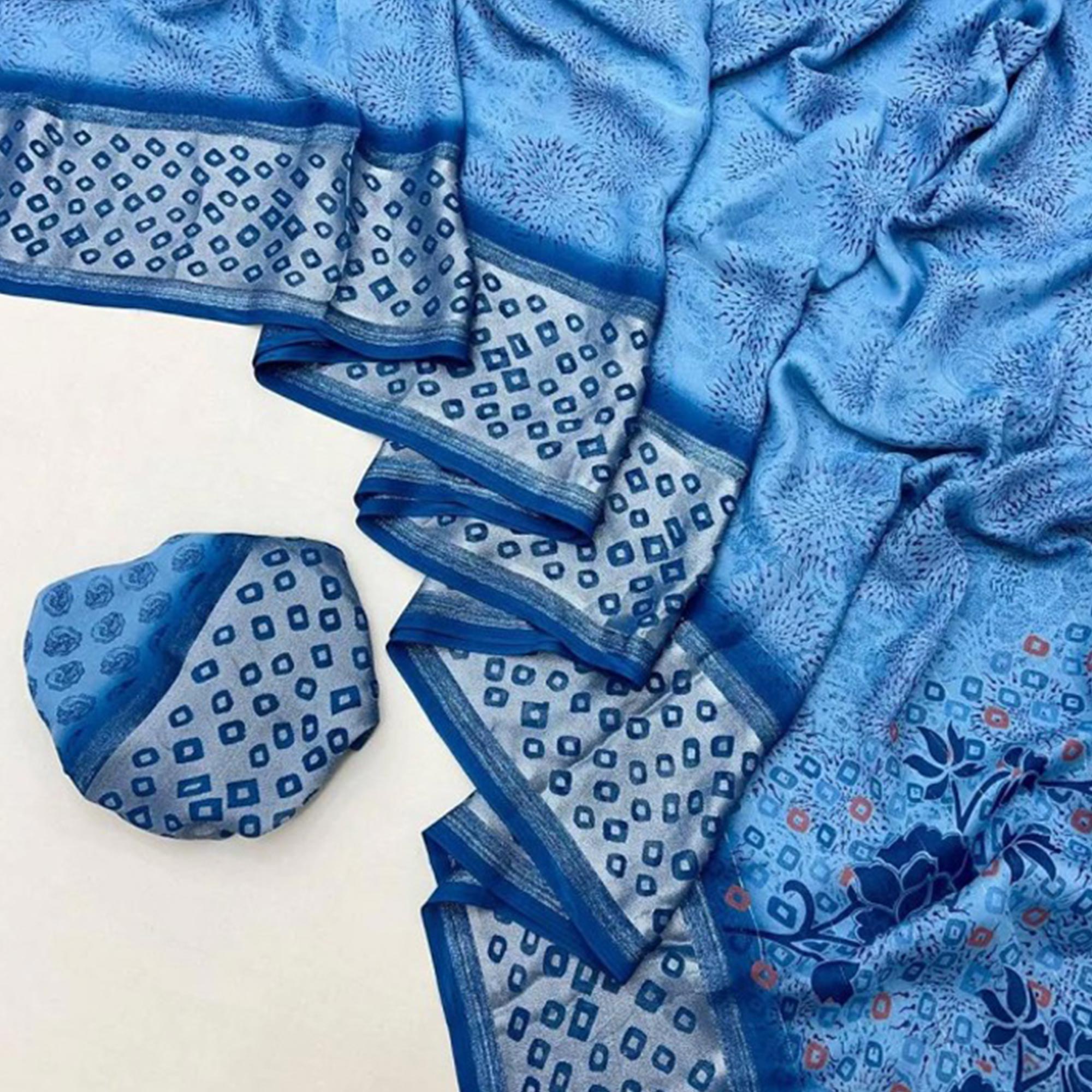 Blue Floral Printed Chiffon Saree