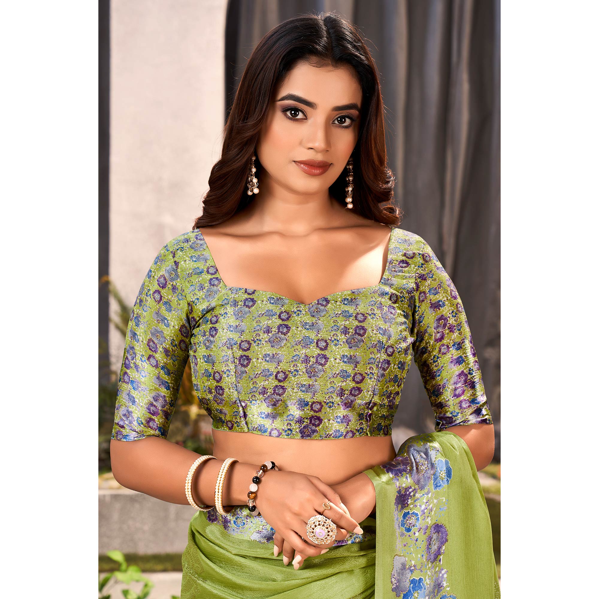 Green Floral Foil Printed Chiffon Saree With Tassels