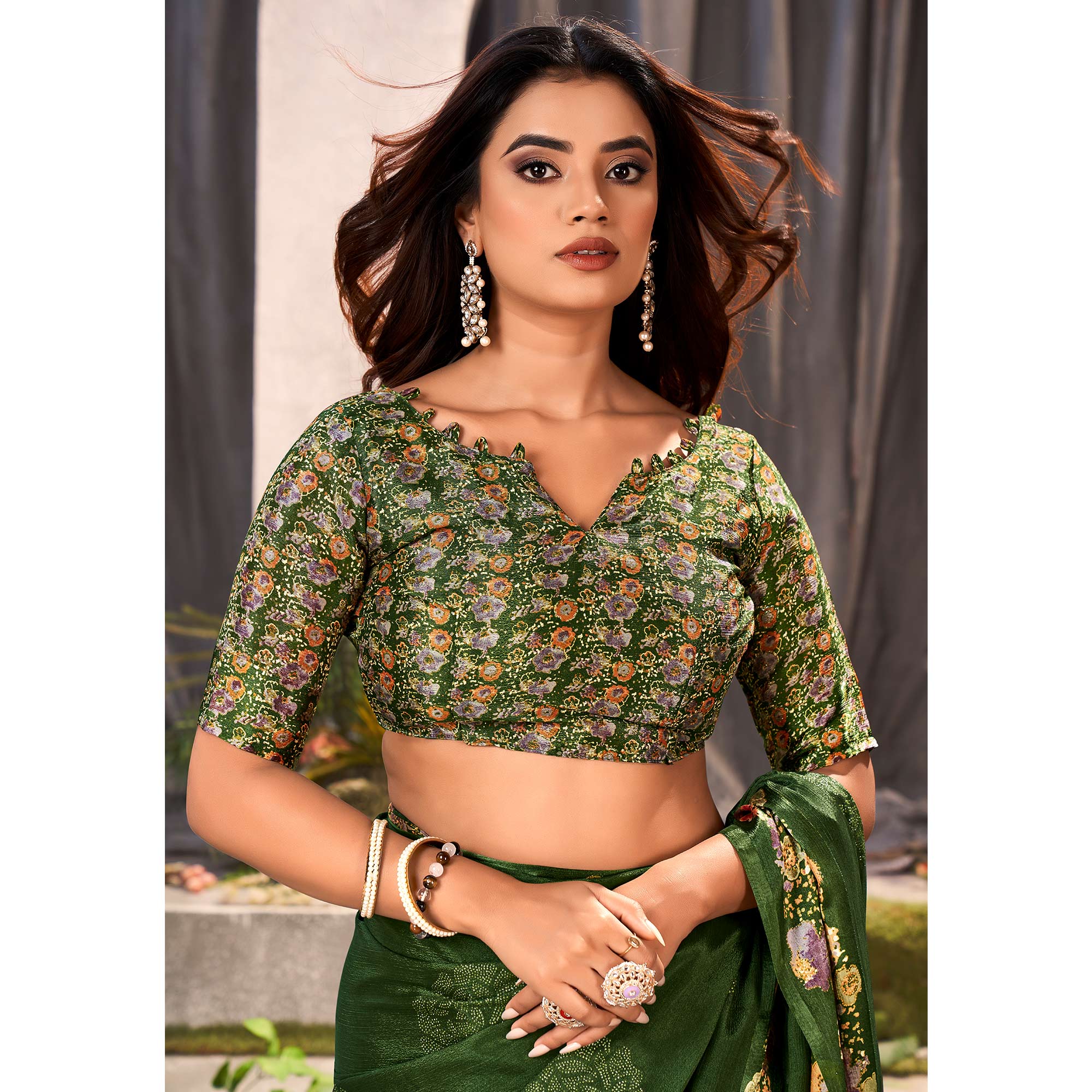 Green Floral Foil Printed Chiffon Saree With Tassels