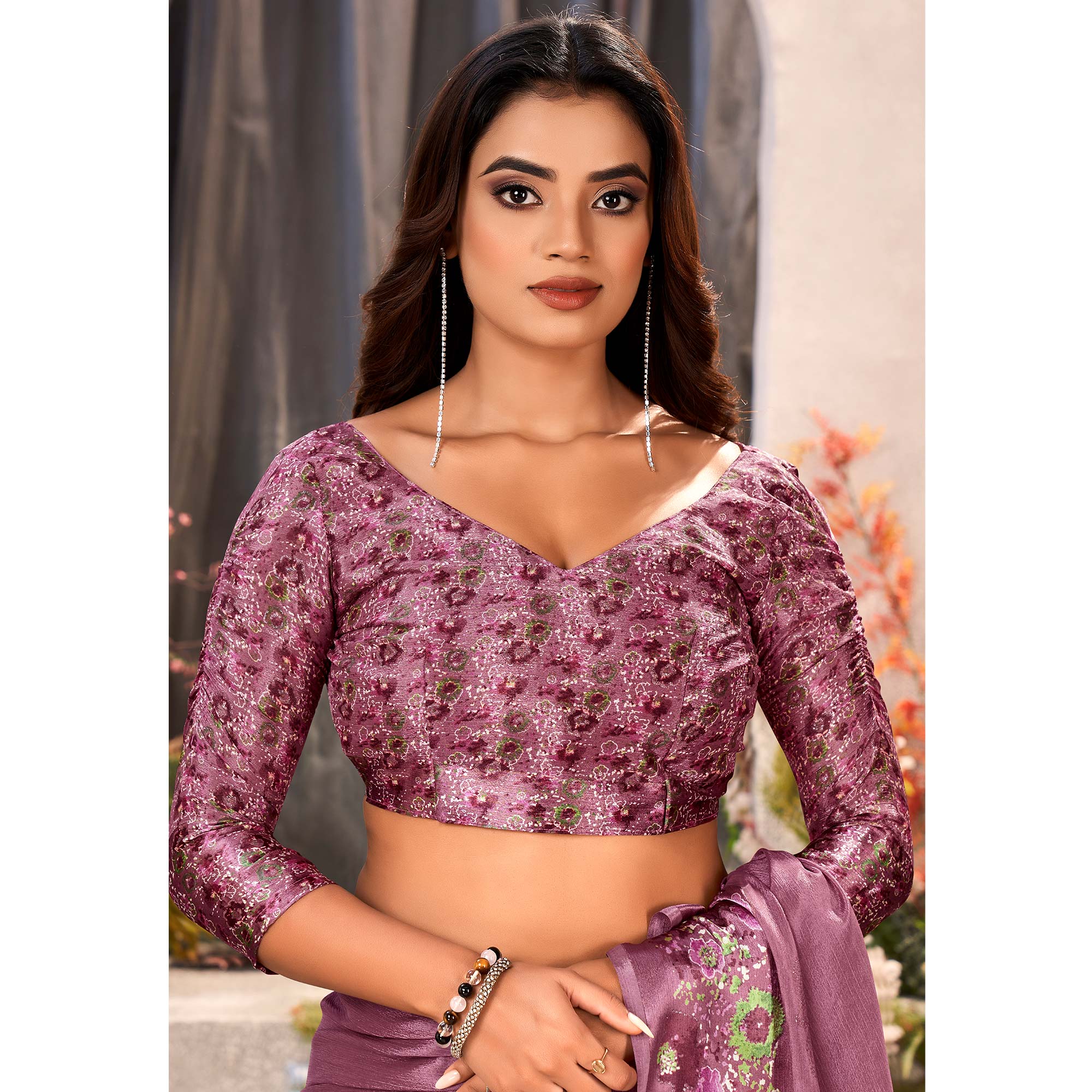 Mauve Floral Foil Printed Chiffon Saree With Tassels