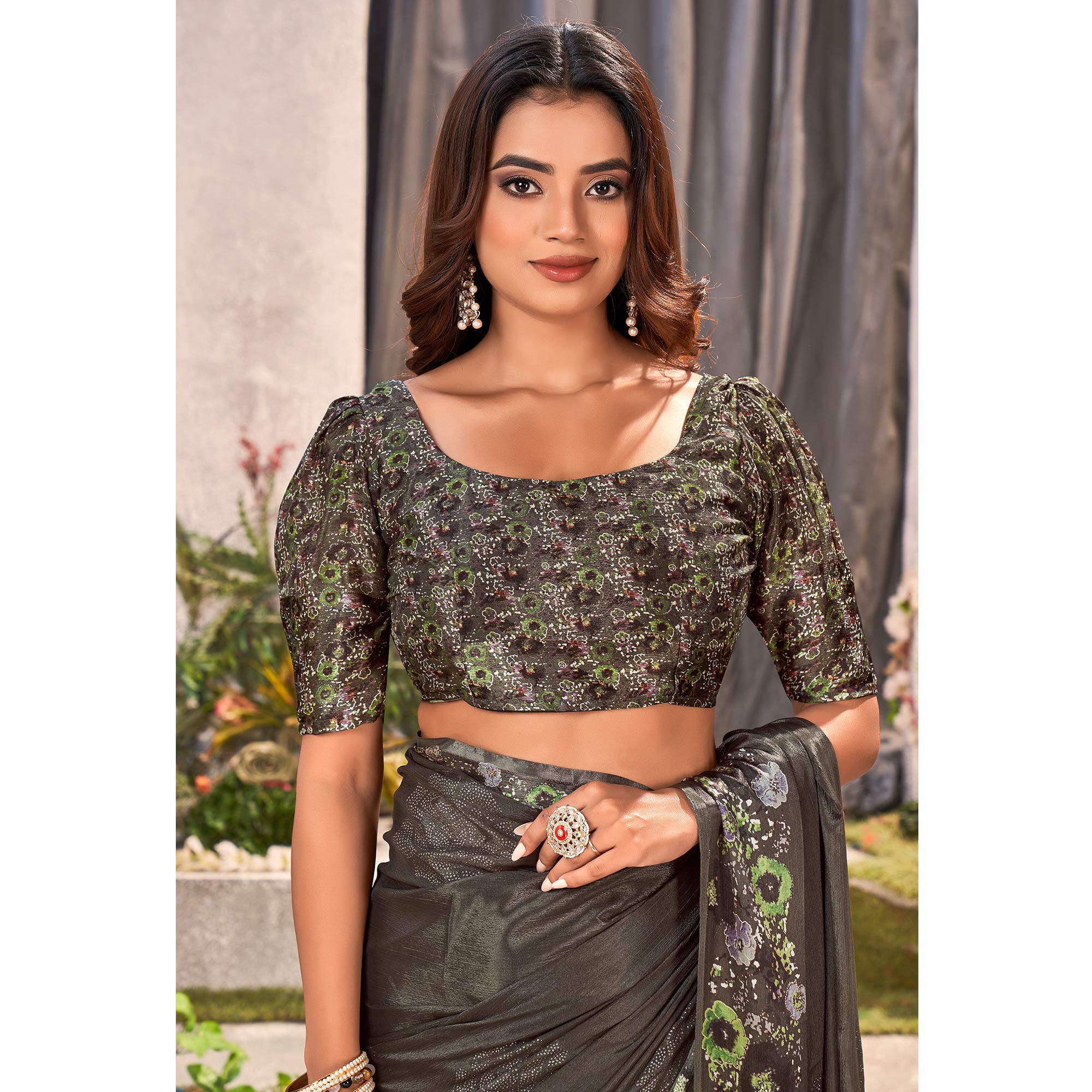 Grey Floral Foil Printed Chiffon Saree With Tassels