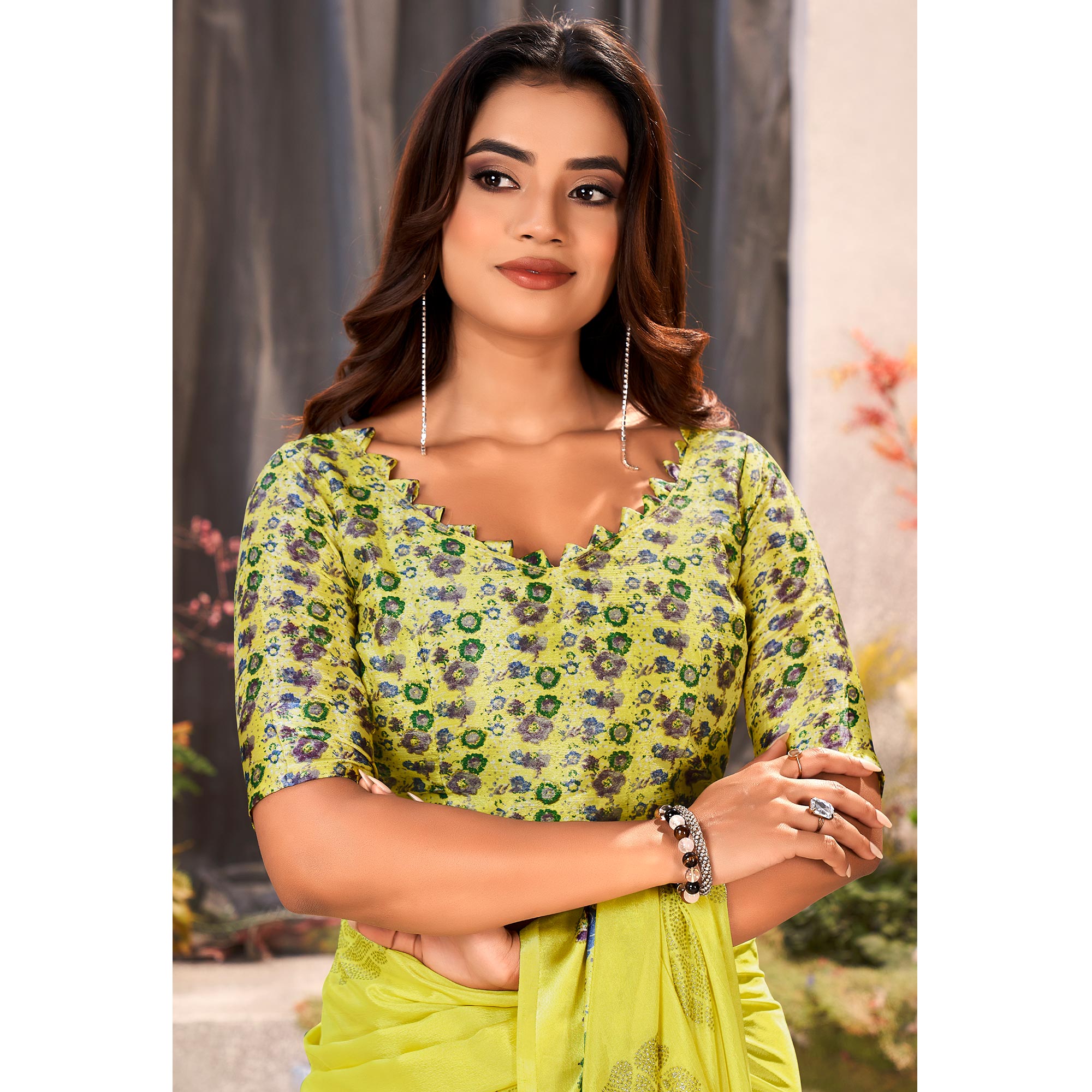 Lemon Green Floral Foil Printed Chiffon Saree With Tassels