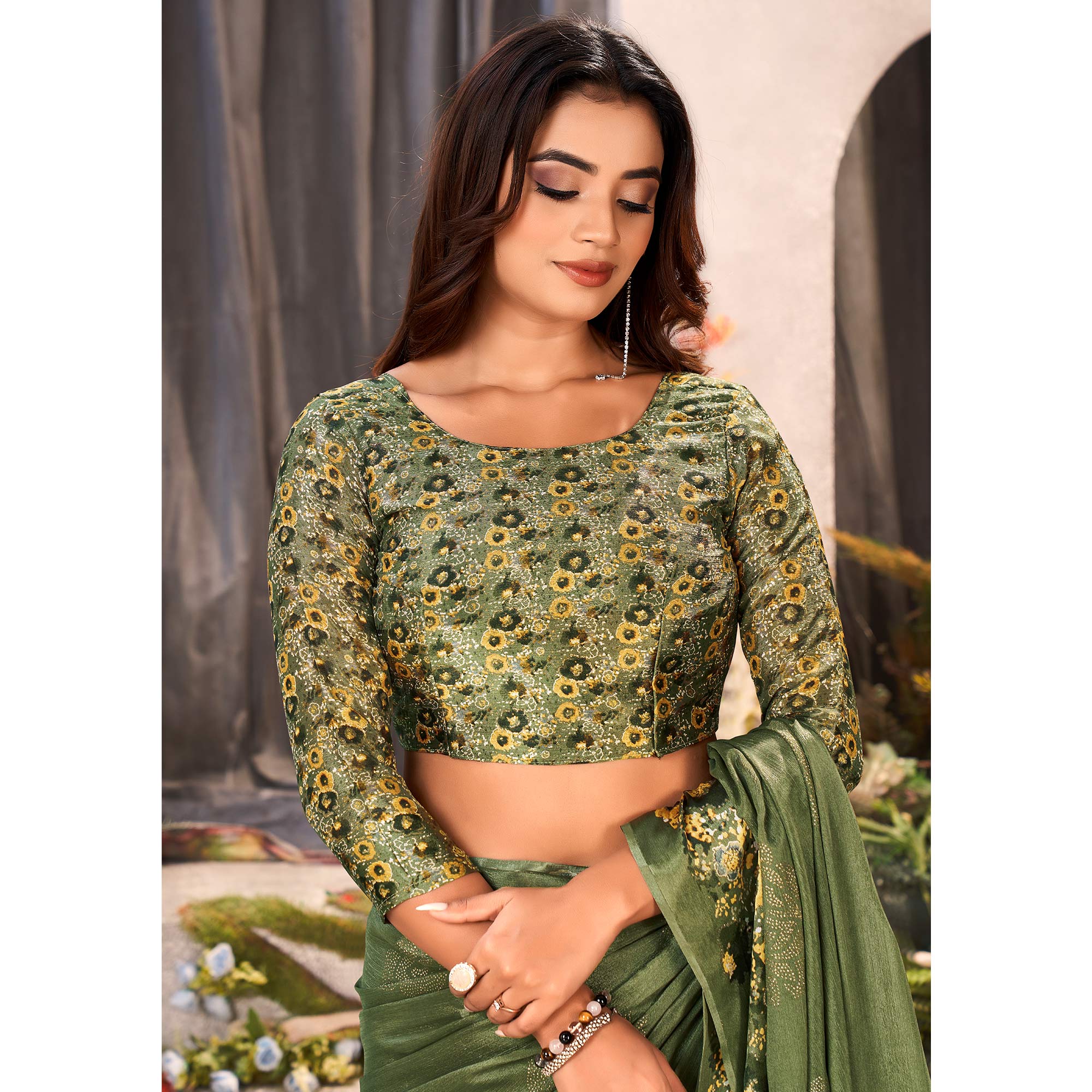 Green Floral Foil Printed Chiffon Saree With Tassels