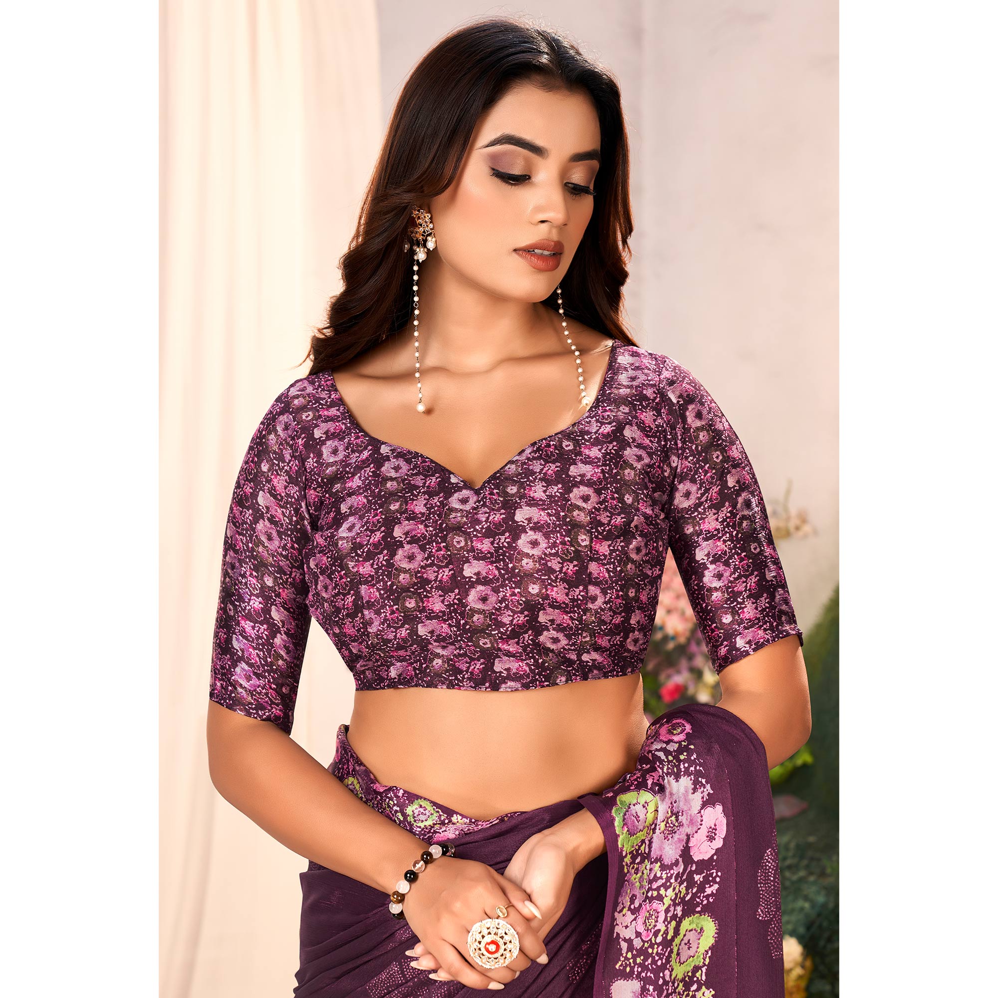 Purple Floral Foil Printed Chiffon Saree With Tassels