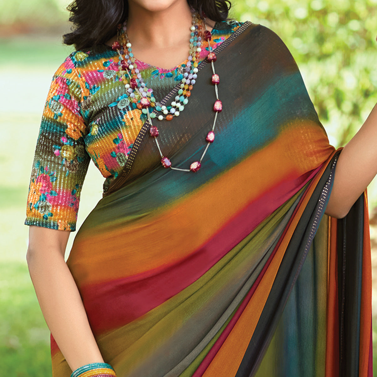 Multicolor Striped Printed Chiffon Saree