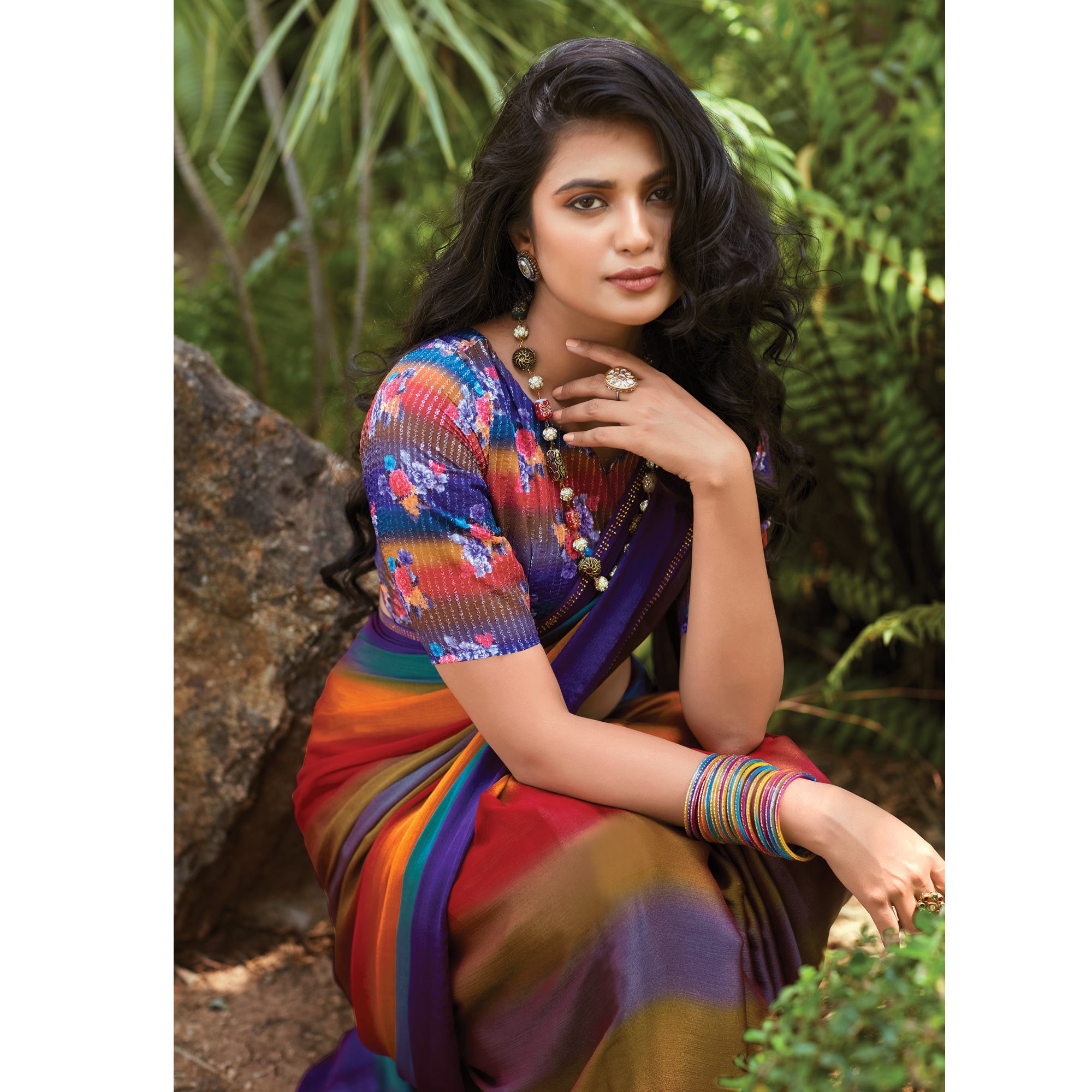 Multicolor Striped Printed Chiffon Saree