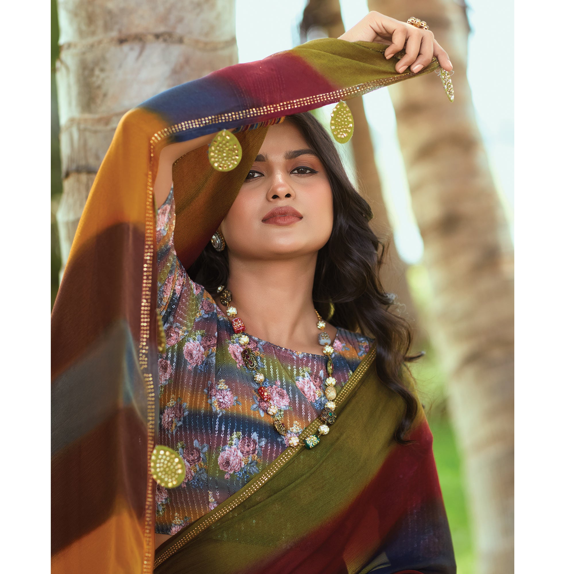 Multicolor Striped Printed Chiffon Saree