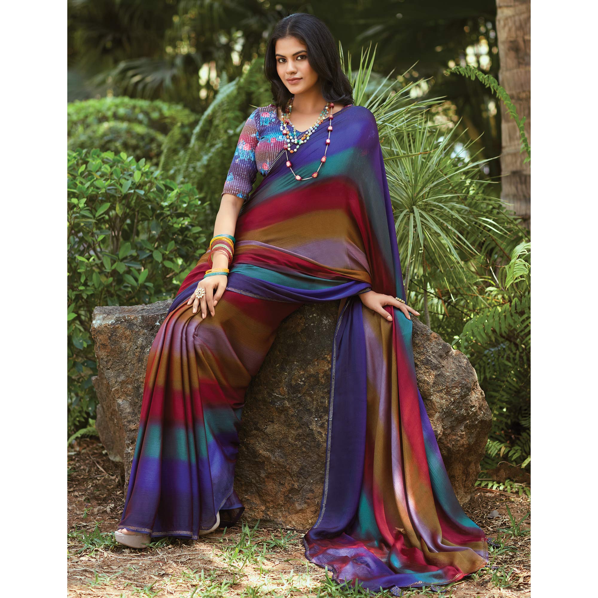 Multicolor Striped Printed Chiffon Saree