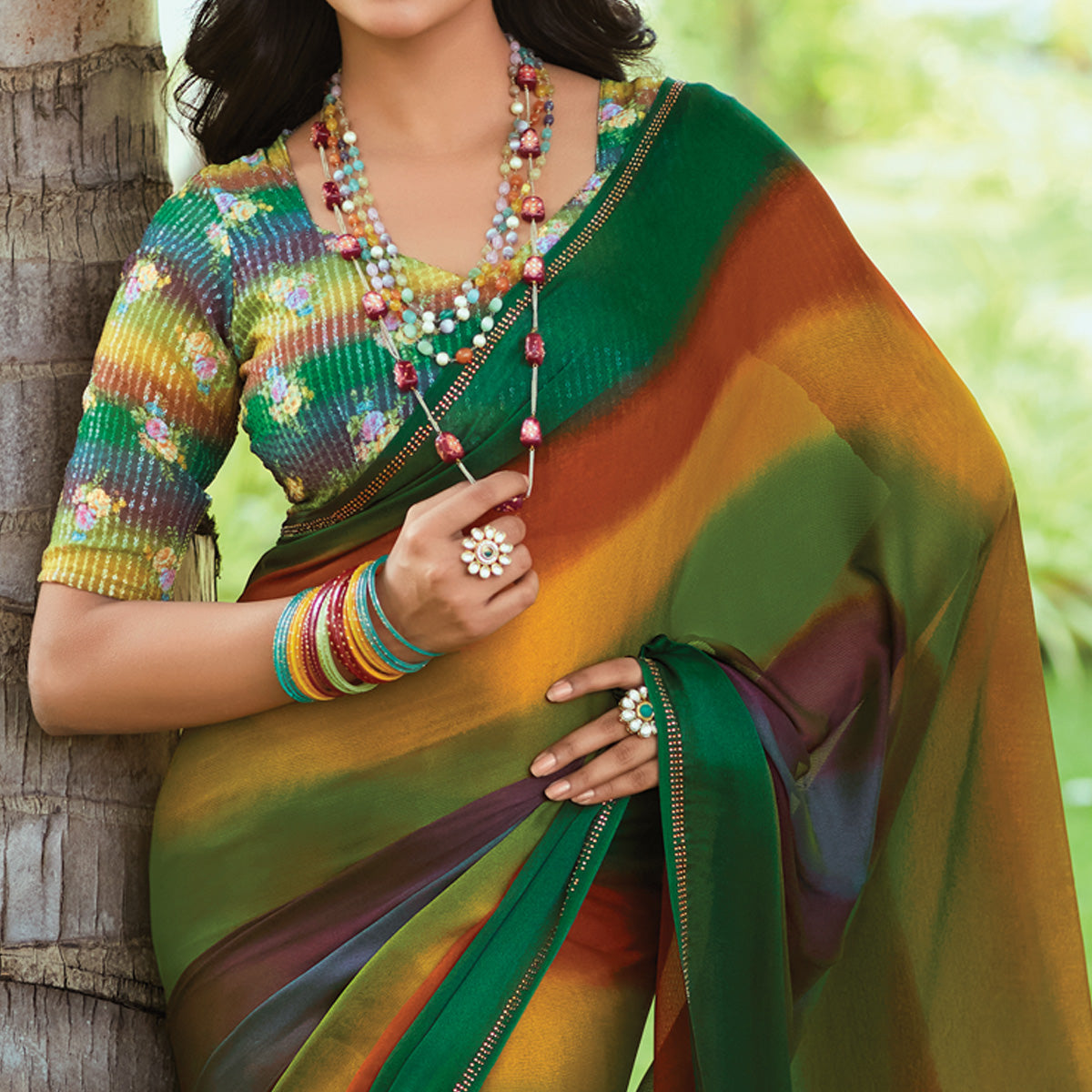 Multicolor Striped Printed Chiffon Saree