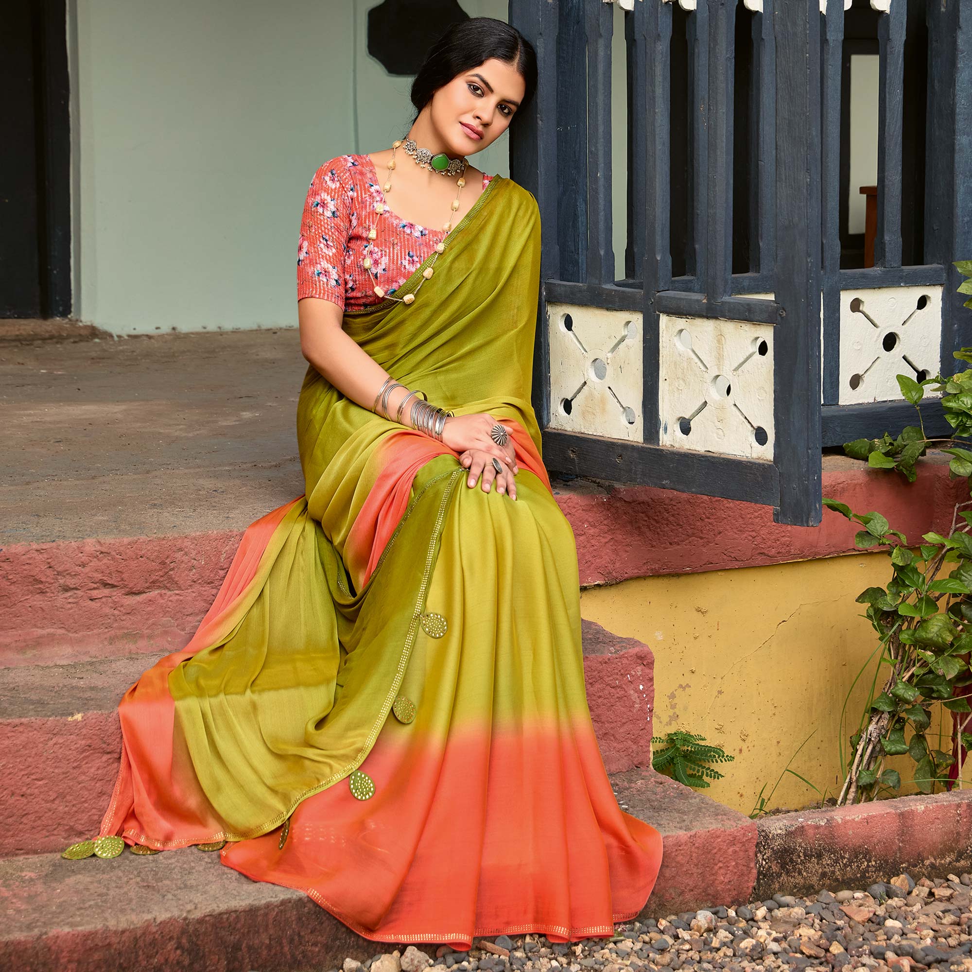 Olive Ombre Print Chiffon Sarees