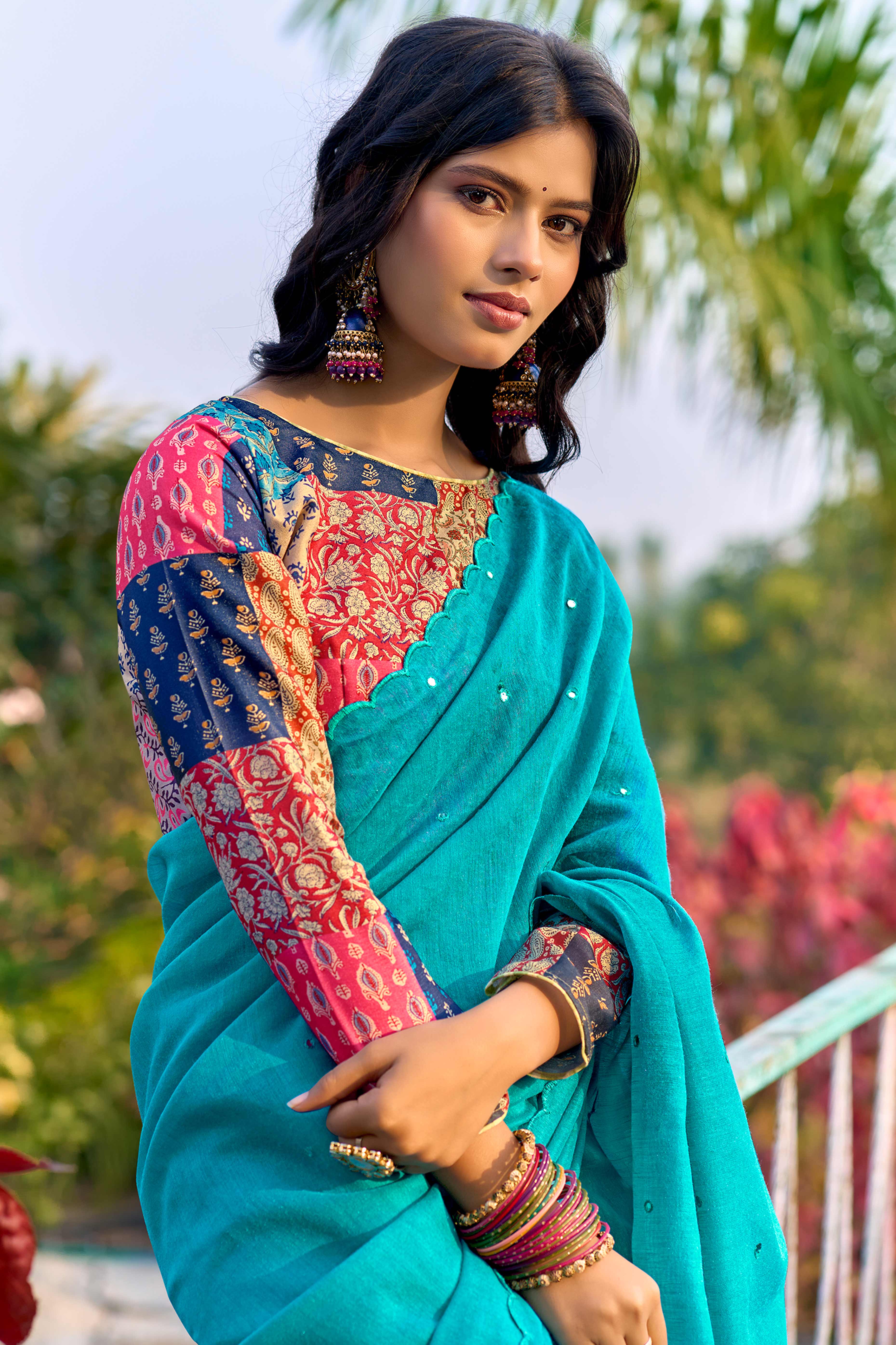 Timeless Blue Cotton Blend Drape Highlighted With Shimmering Mirror Embroidery Work