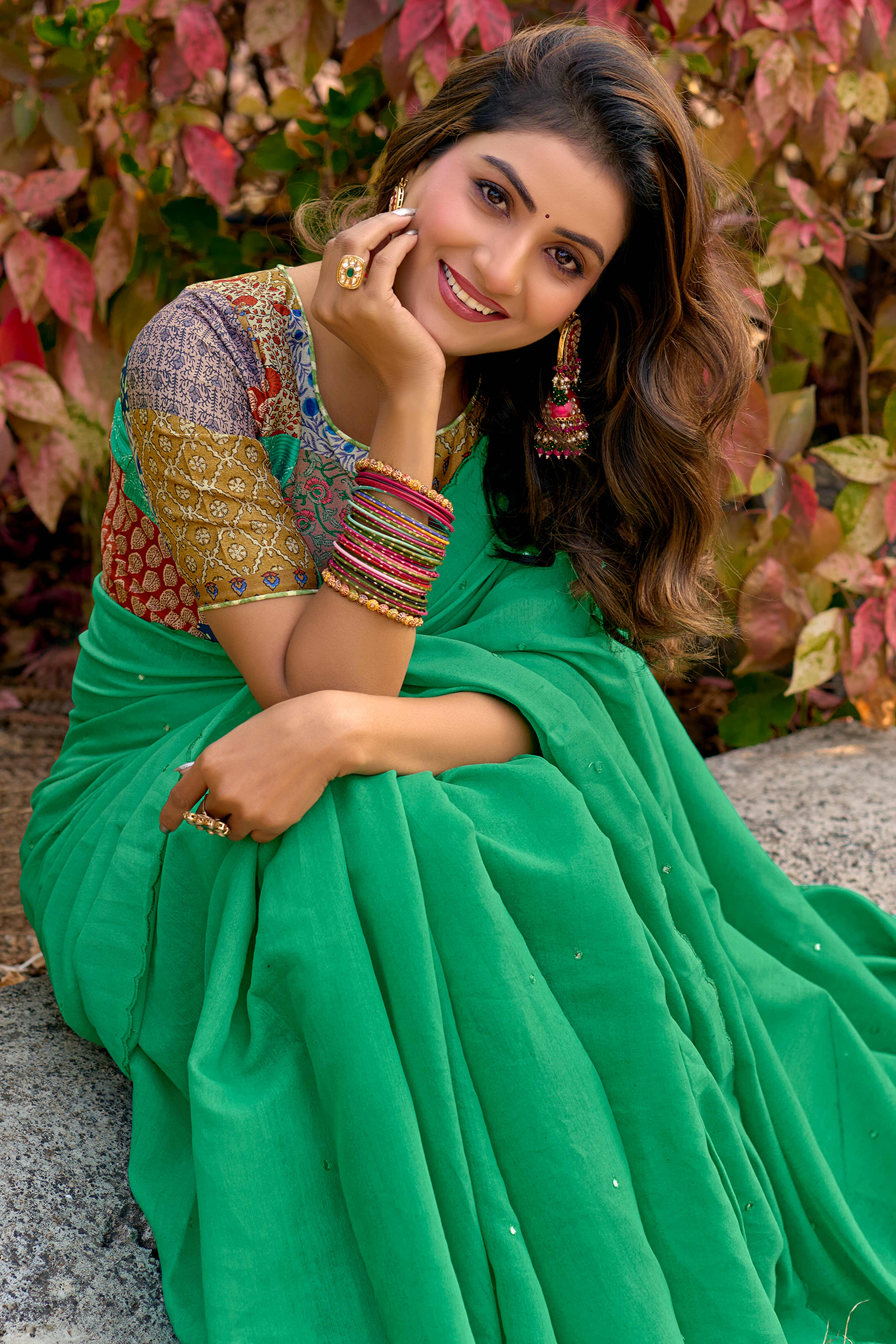 Timeless Mint Green Cotton Blend Drape Highlighted With Shimmering Mirror Embroidery Work