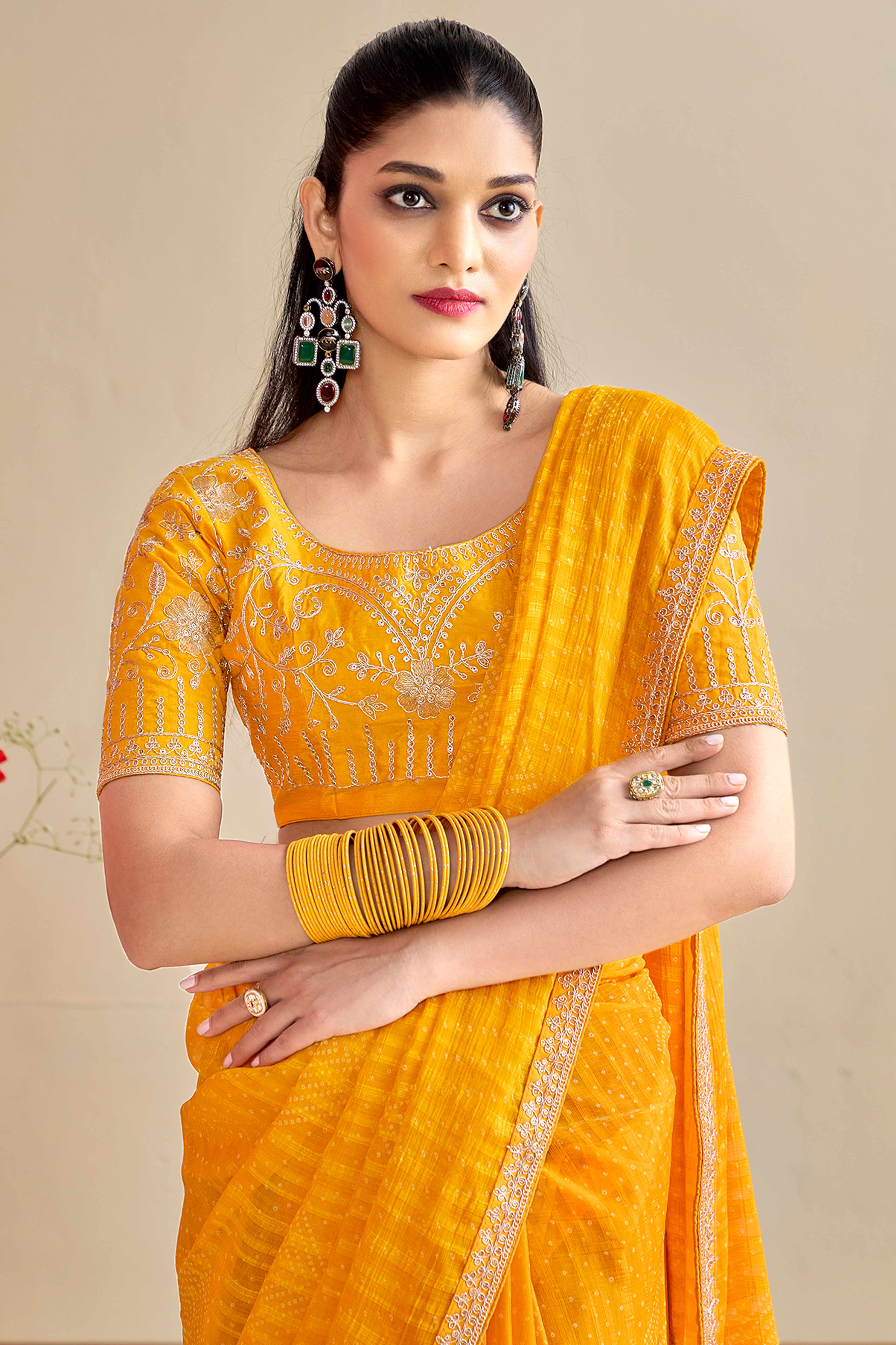 Mustard Bandhani Printed Charm In Georgette With Sparkling Sequin Embroidered Border